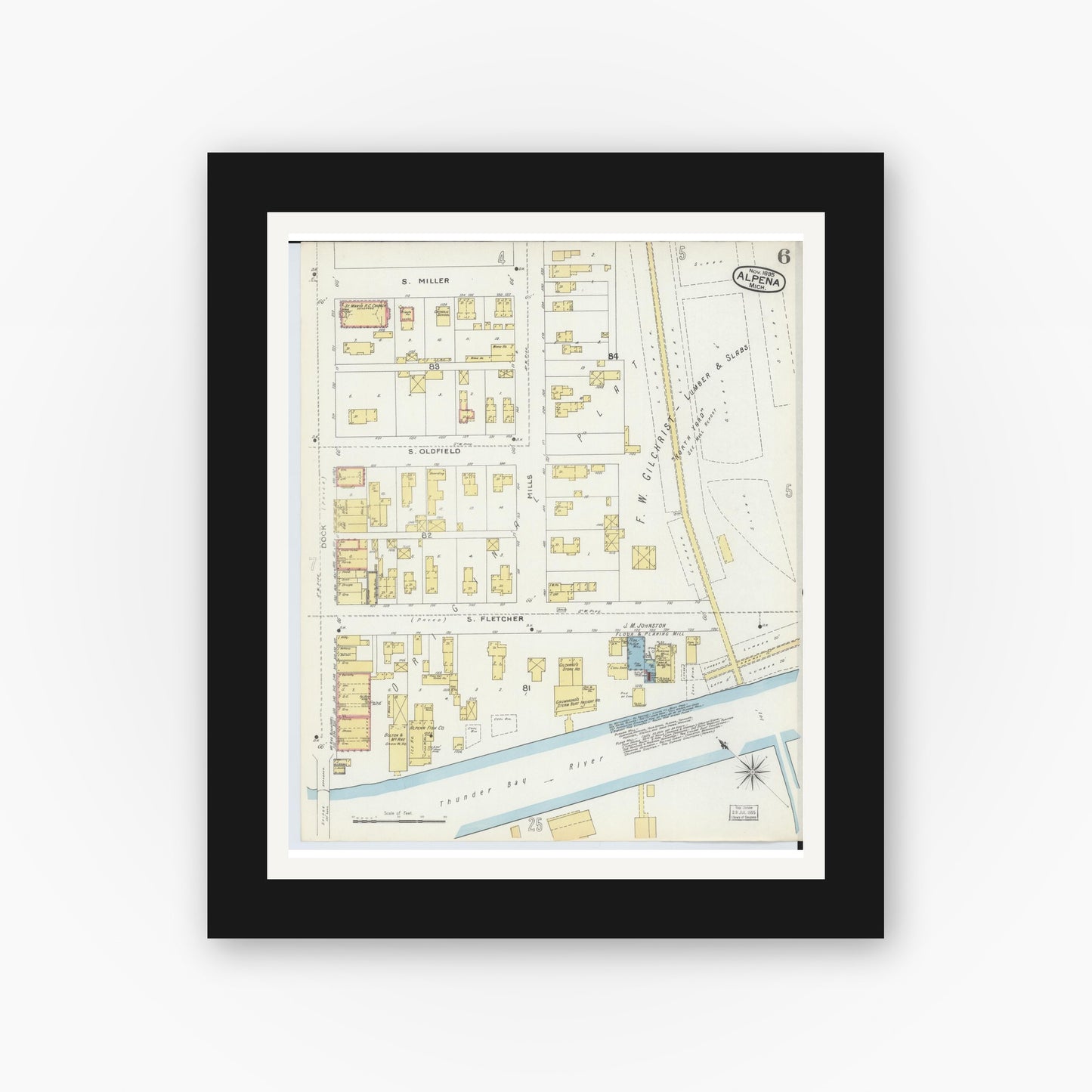 Old map wall art mockup — black gallery frame with white mat — Sanborn Fire Insurance Map from Alpena, Alpena County, Michigan (1895), Sheet #0006