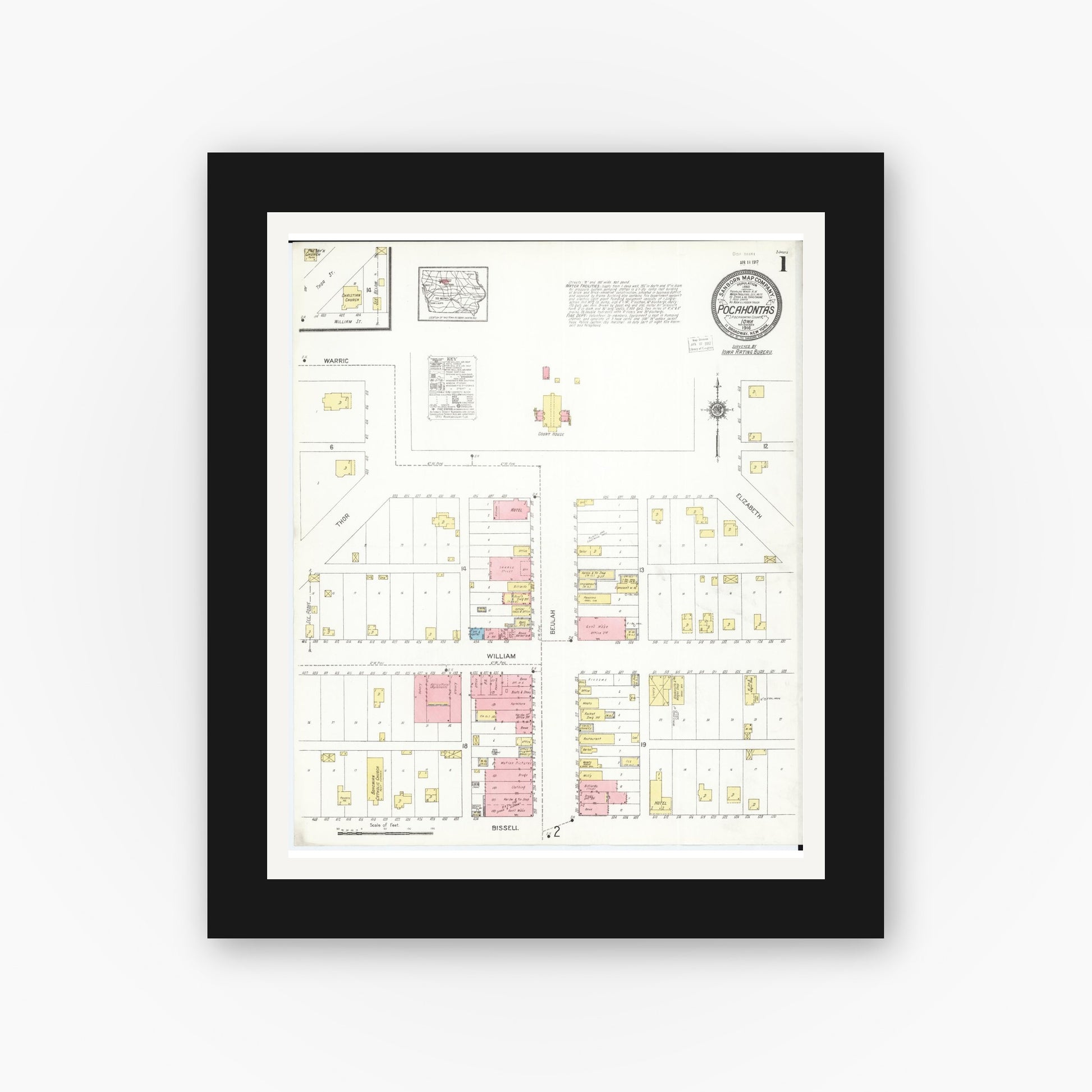 Old map wall art mockup — black gallery frame with white mat — Sanborn Fire Insurance Map from Pocahontas, Pocahontas County, Iowa (1916), Sheet #0001
