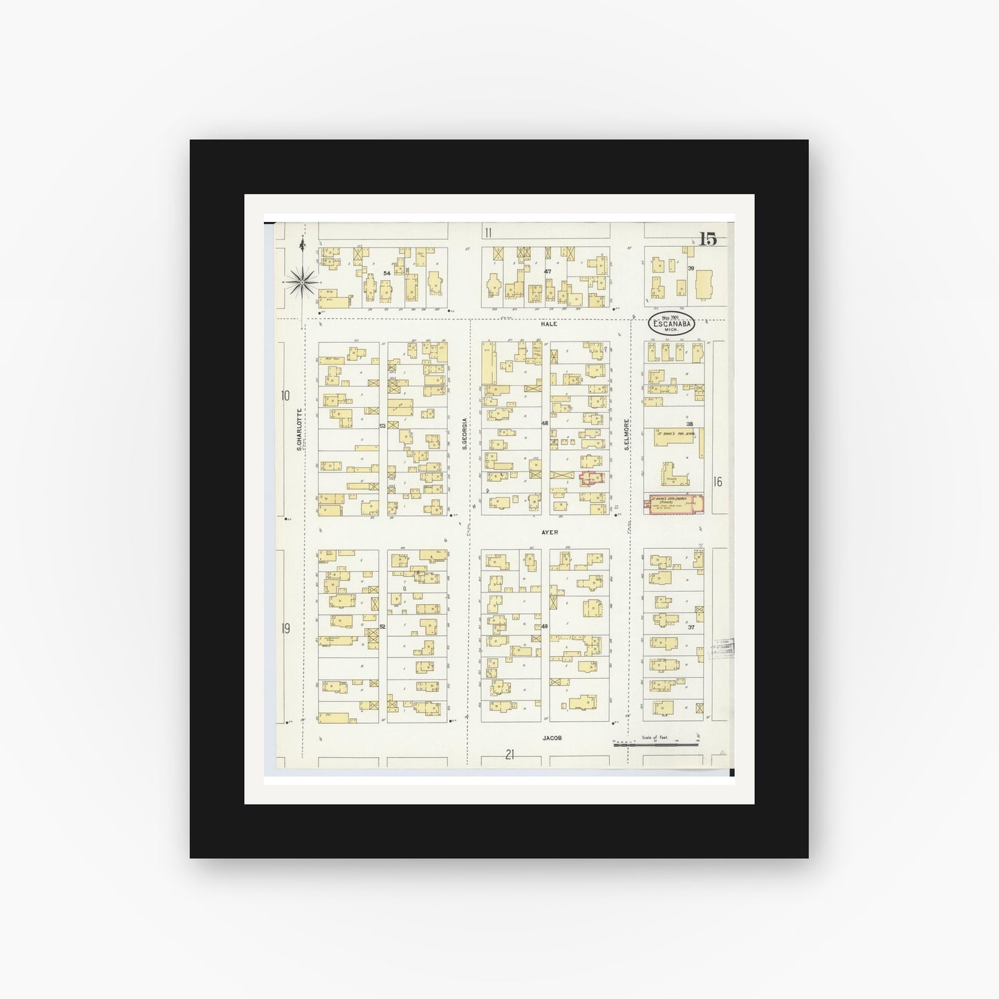 Old map wall art mockup — black gallery frame with white mat — Sanborn Fire Insurance Map from Escanaba, Delta County, Michigan (1906), Sheet #0015