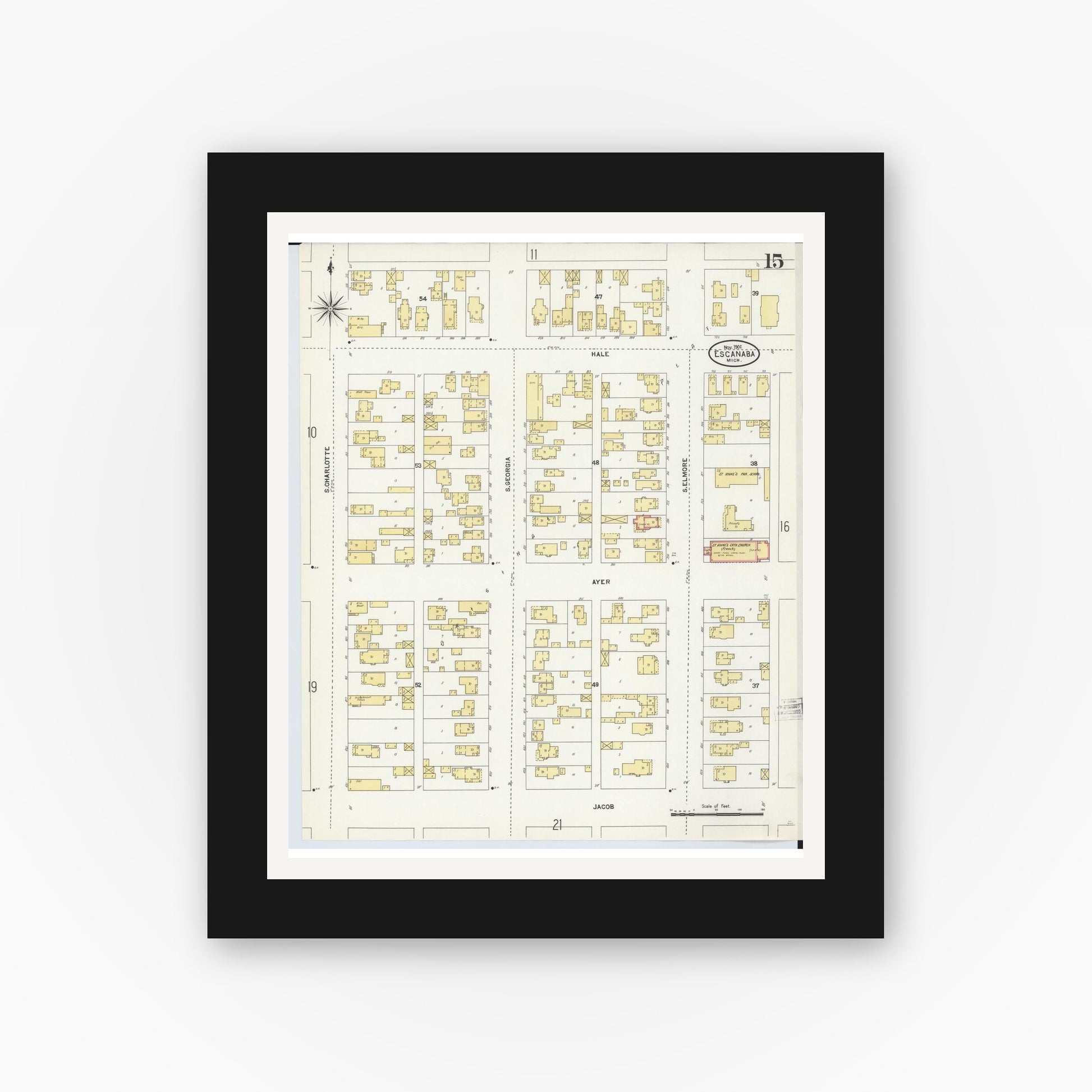 Old map wall art mockup — black gallery frame with white mat — Sanborn Fire Insurance Map from Escanaba, Delta County, Michigan (1906), Sheet #0015