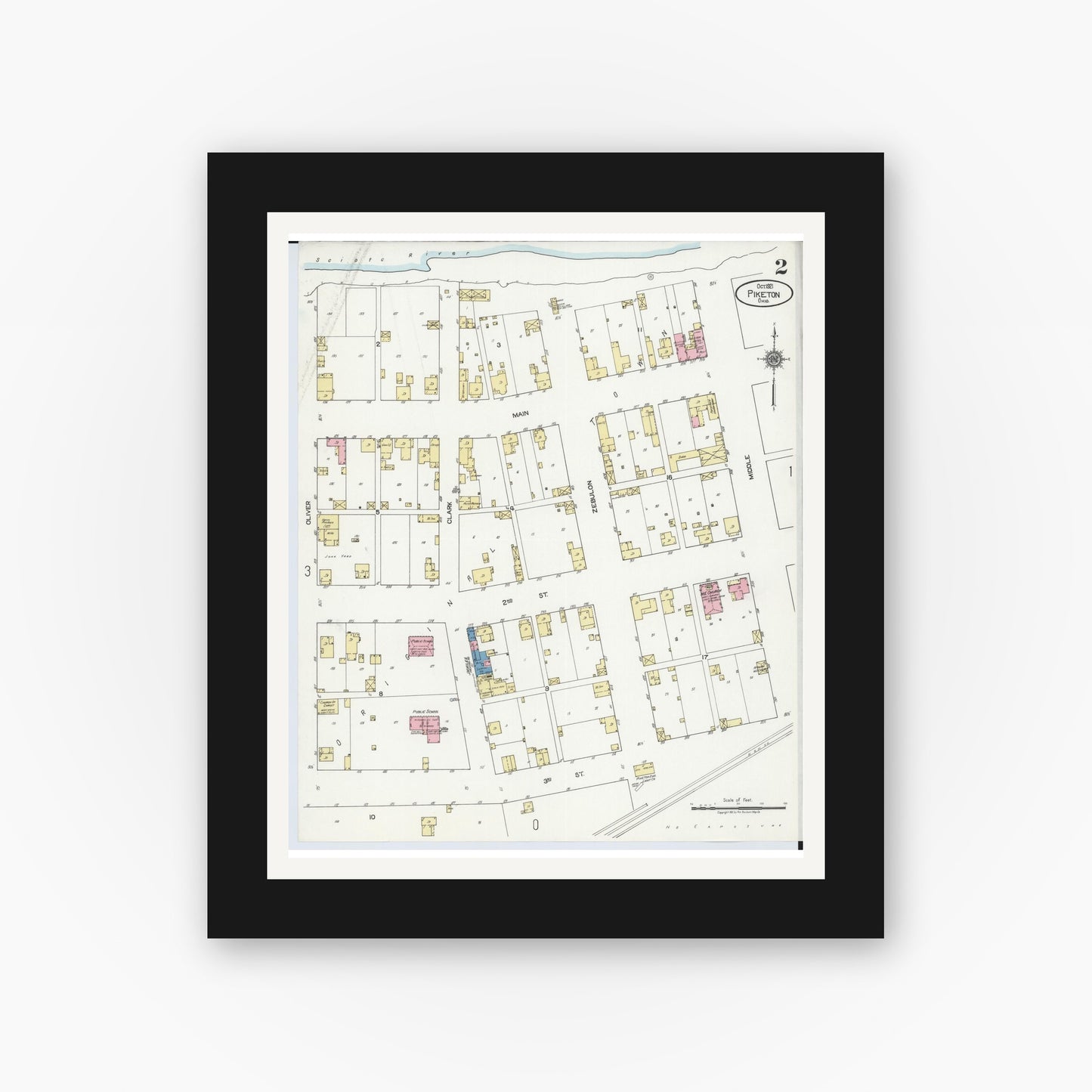 Old map wall art mockup — black gallery frame with white mat — Sanborn Fire Insurance Map from Piketon, Pike County, Ohio (1921), Sheet #0002