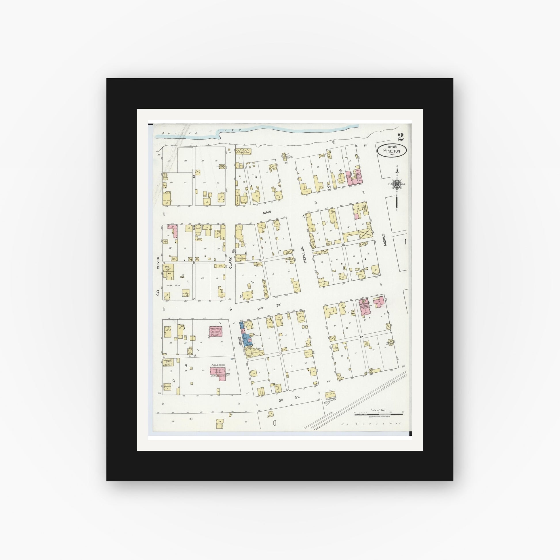 Old map wall art mockup — black gallery frame with white mat — Sanborn Fire Insurance Map from Piketon, Pike County, Ohio (1921), Sheet #0002