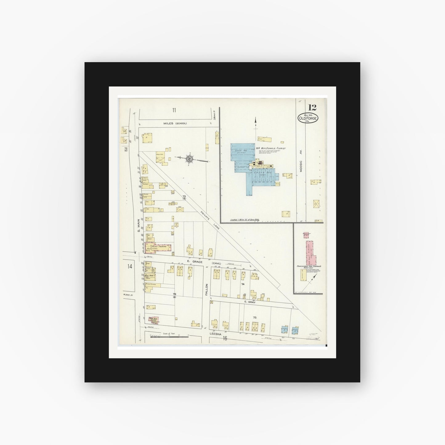 Old map wall art mockup — black gallery frame with white mat — Sanborn Fire Insurance Map from Old Forge, Lackawanna County, Pennsylvania (1914), Sheet #0012