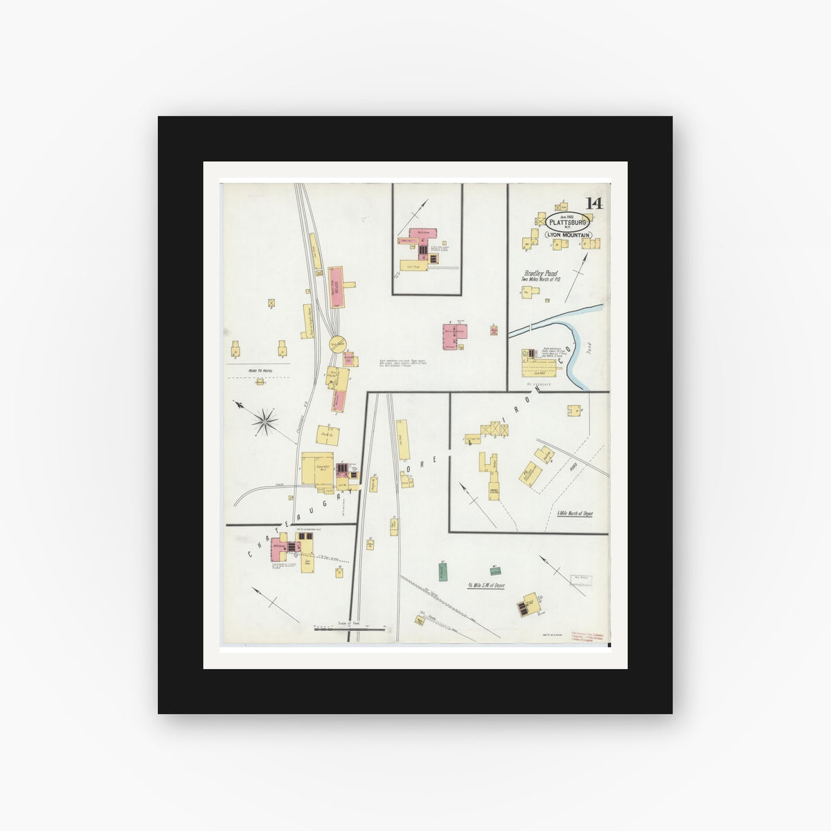 Old map wall art mockup — black gallery frame with white mat — Sanborn Fire Insurance Map from Plattsburg, Clinton County, New York (1902), Sheet #0014