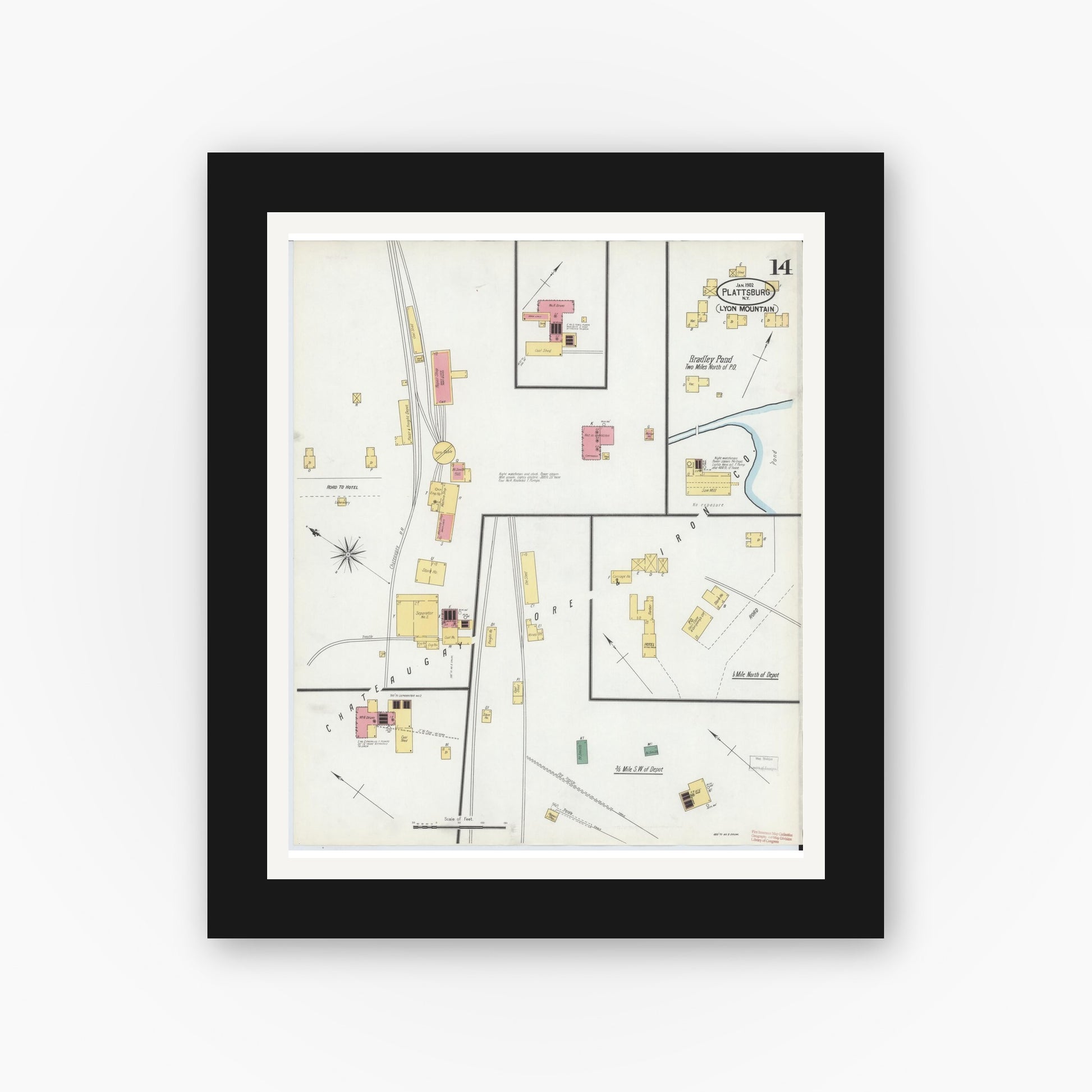 Old map wall art mockup — black gallery frame with white mat — Sanborn Fire Insurance Map from Plattsburg, Clinton County, New York (1902), Sheet #0014