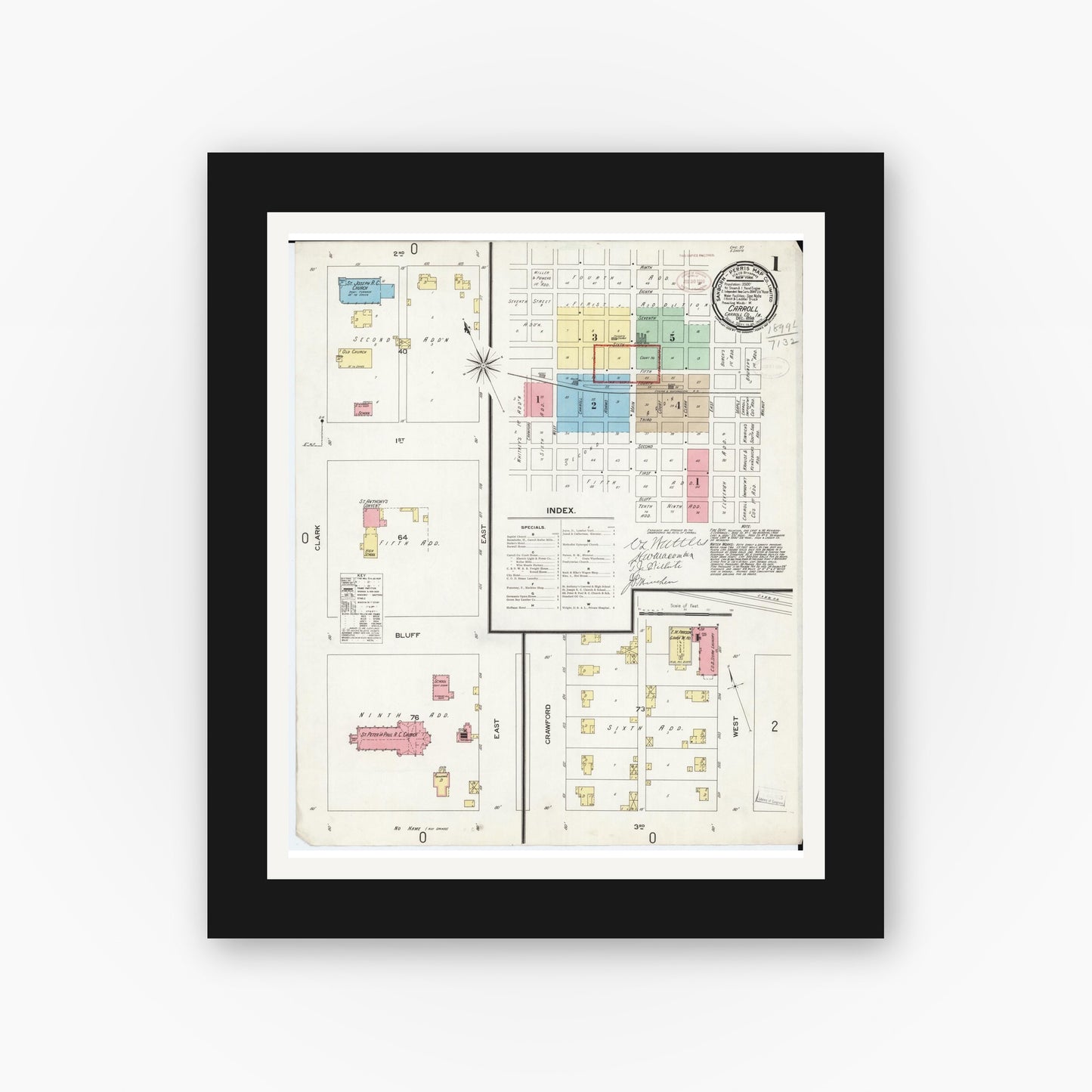 Old map wall art mockup — black gallery frame with white mat — Sanborn Fire Insurance Map from Carroll, Carroll County, Iowa (1898) â€” Complete Set