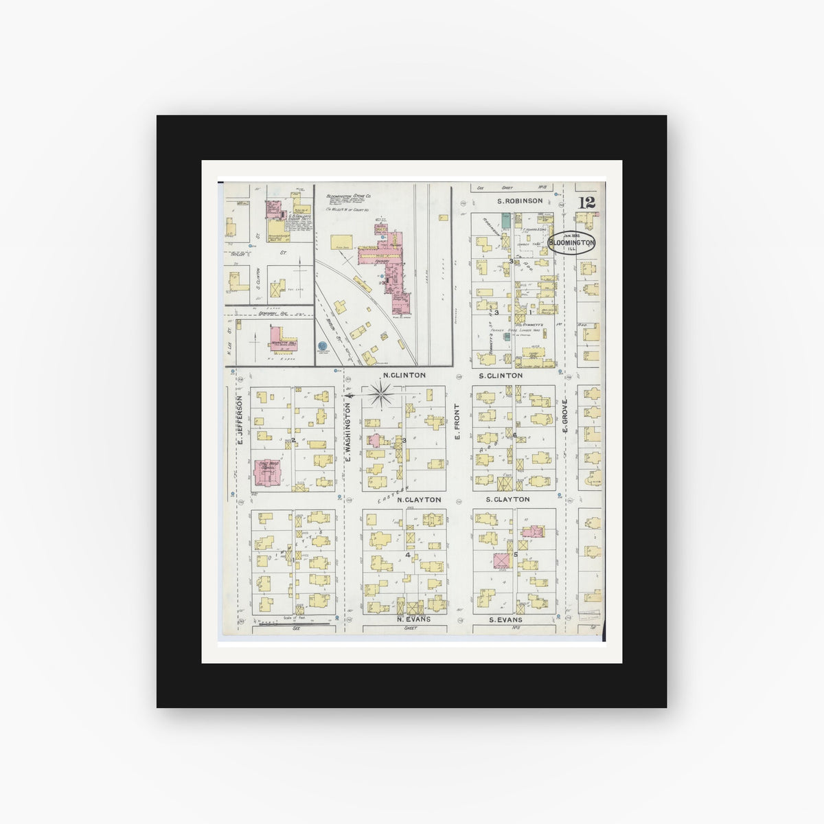 Old map wall art mockup — black gallery frame with white mat — Sanborn Fire Insurance Map from Bloomington, McLean County, Illinois (1892), Sheet #0012