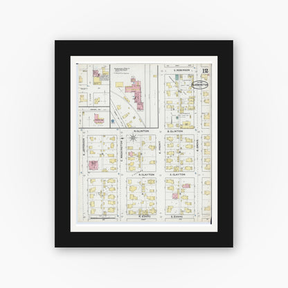Old map wall art mockup — black gallery frame with white mat — Sanborn Fire Insurance Map from Bloomington, McLean County, Illinois (1892), Sheet #0012