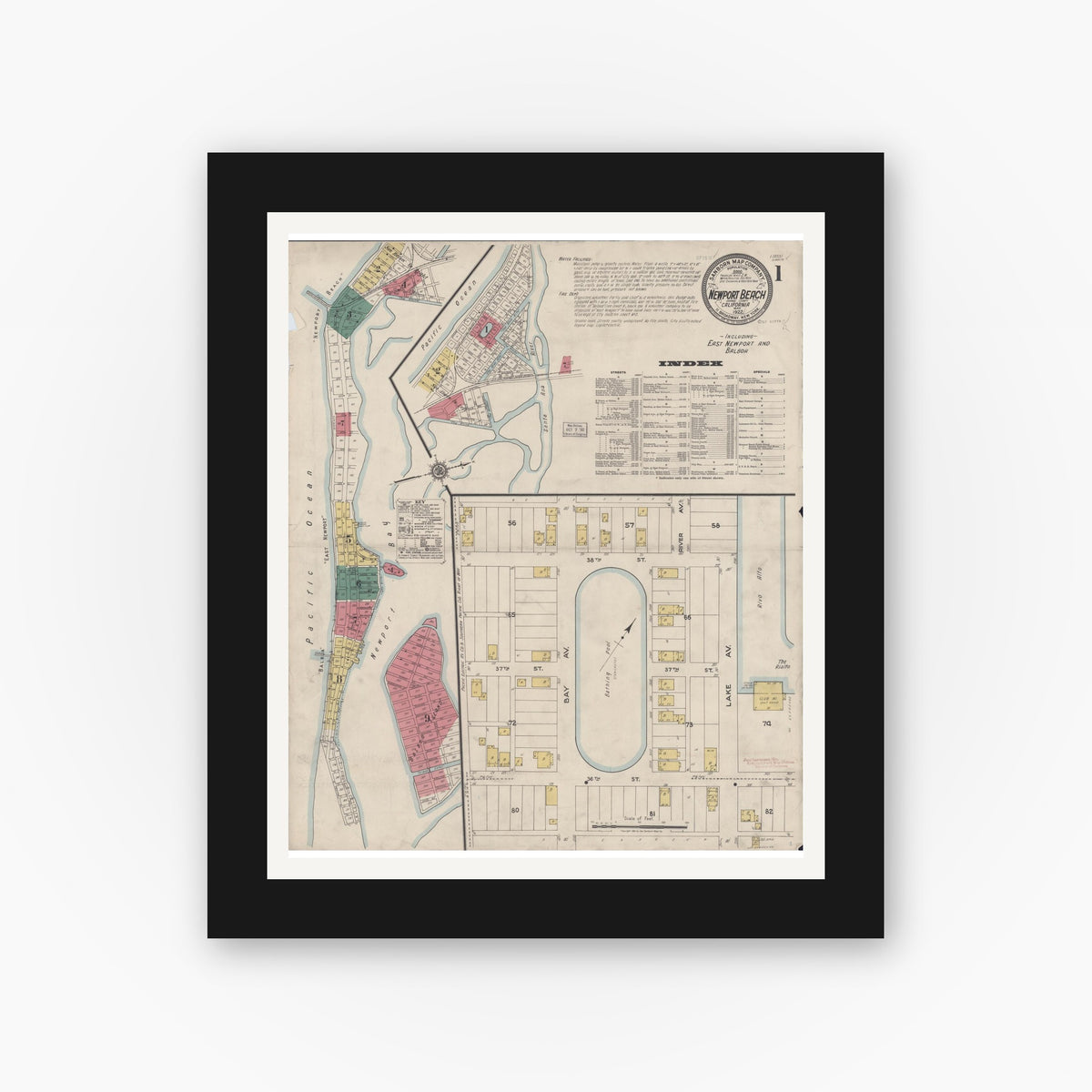 Old map wall art mockup — black gallery frame with white mat — Sanborn Fire Insurance Map from Newport Beach, Orange County, California (1922), Sheet #0001