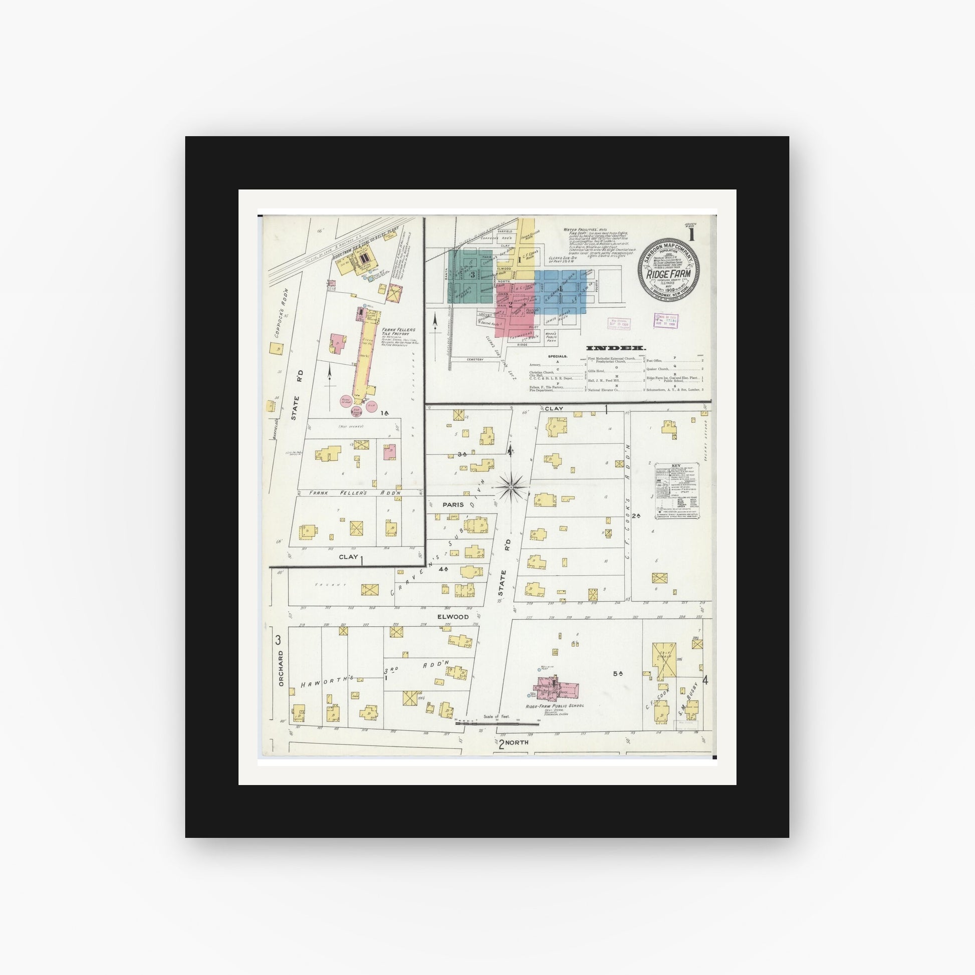 Old map wall art mockup — black gallery frame with white mat — Sanborn Fire Insurance Map from Ridge Farm, Vermilion County, Illinois (1909) - Complete Map Set