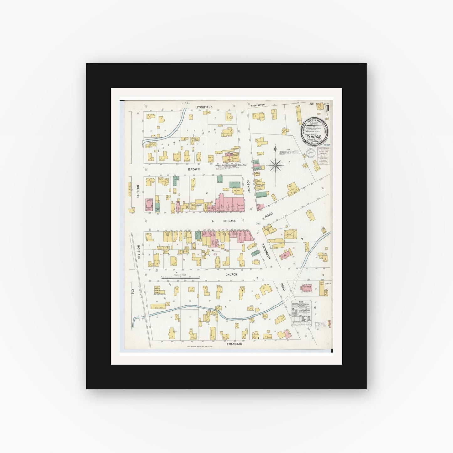 Old map wall art mockup — black gallery frame with white mat — Sanborn Fire Insurance Map from Clinton, Lenawee County, Michigan (1900) - Complete Map Set