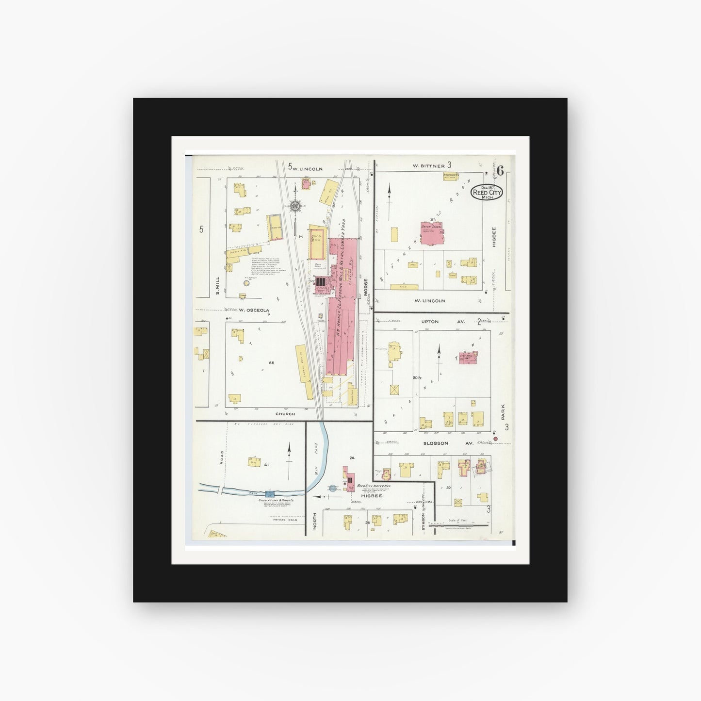 Old map wall art mockup — black gallery frame with white mat — Sanborn Fire Insurance Map from Reed City, Osceola County, Michigan (1917), Sheet #0006
