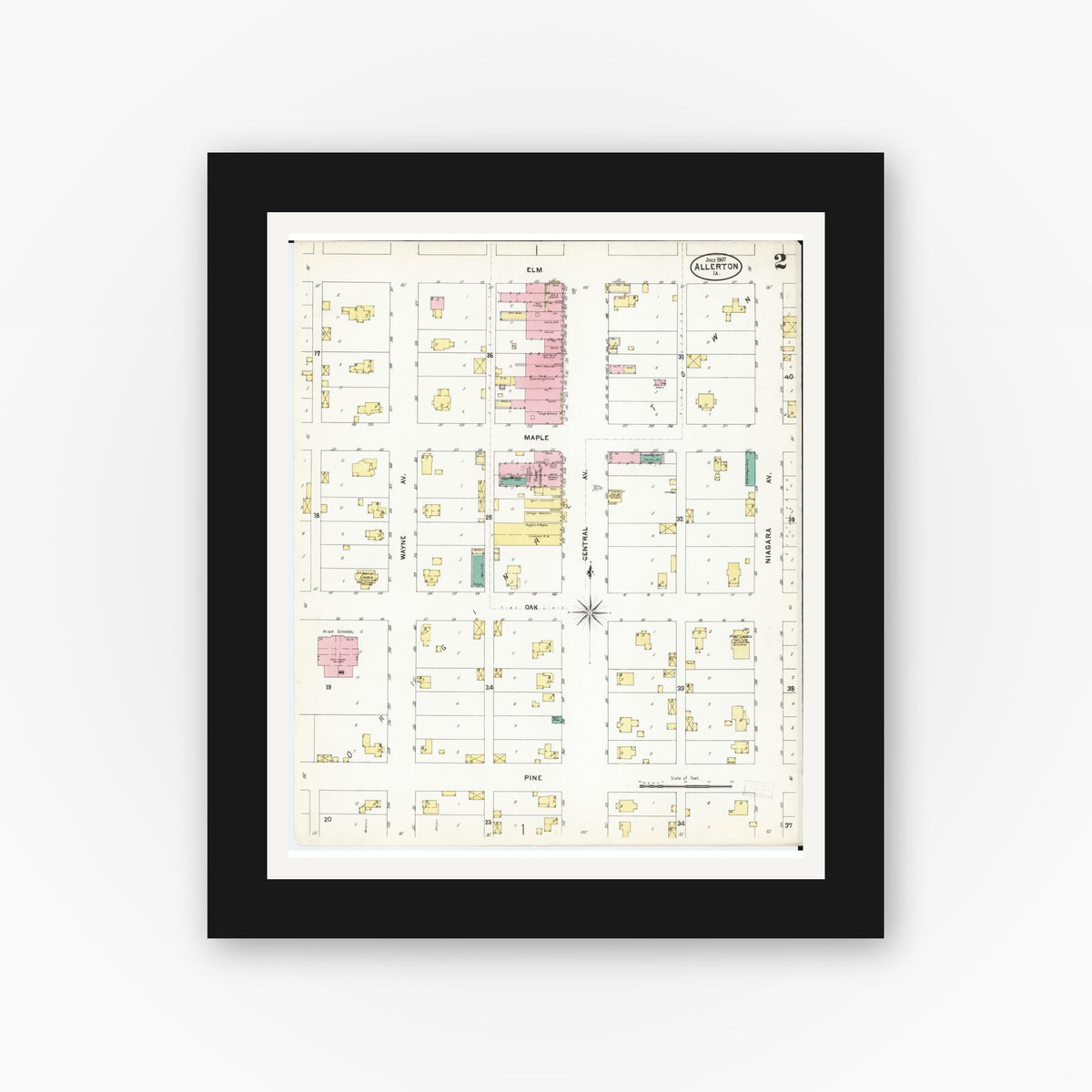 Old map wall art mockup — black gallery frame with white mat — Sanborn Fire Insurance Map from Allerton, Wayne County, Iowa (1907), Sheet #0002