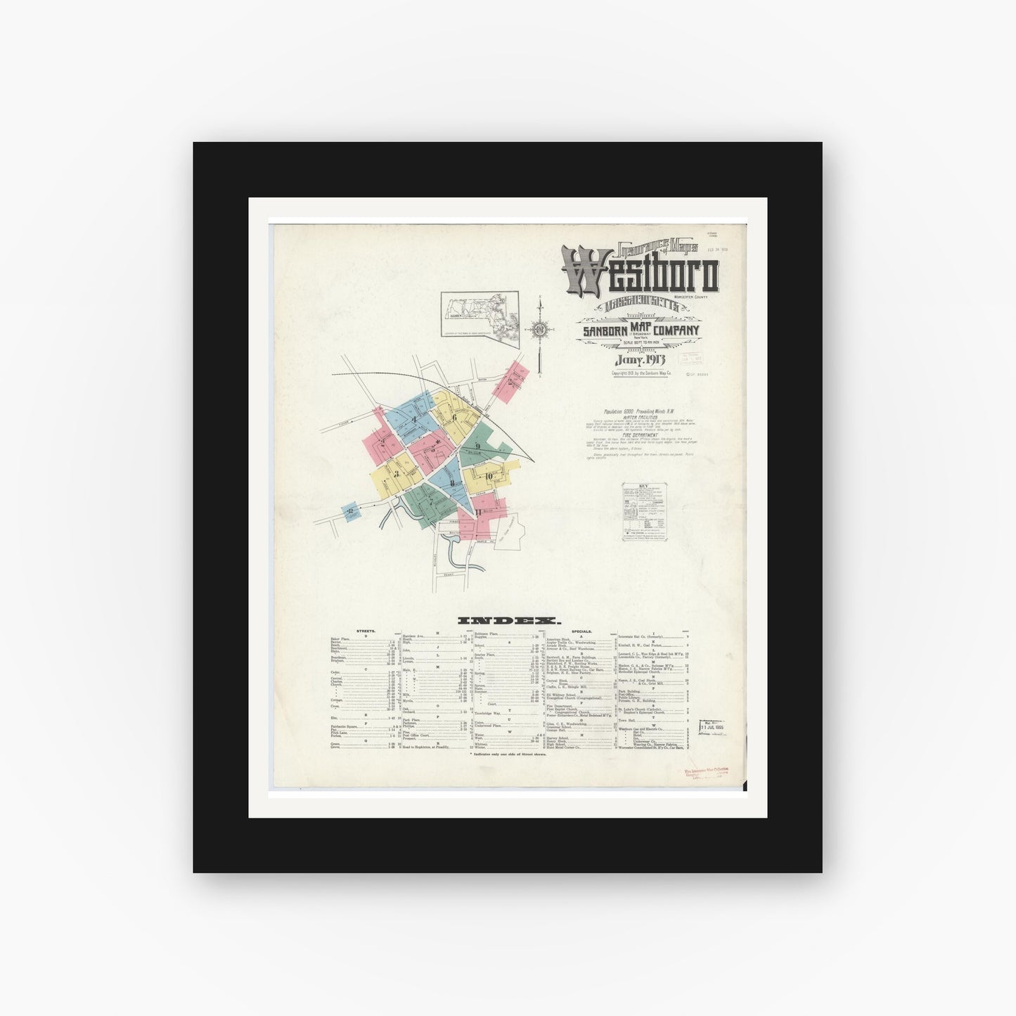 Old map wall art mockup — black gallery frame with white mat — Sanborn Fire Insurance Map from Westboro, Worcester County, Massachusetts (1913), Sheet #0001