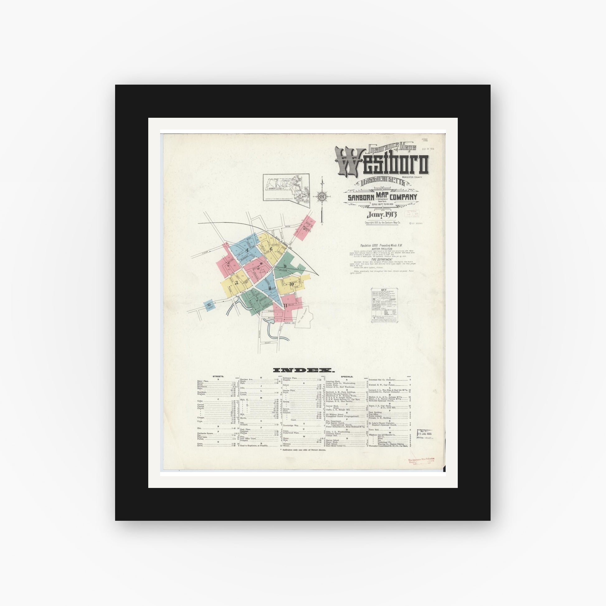 Old map wall art mockup — black gallery frame with white mat — Sanborn Fire Insurance Map from Westboro, Worcester County, Massachusetts (1913), Sheet #0001