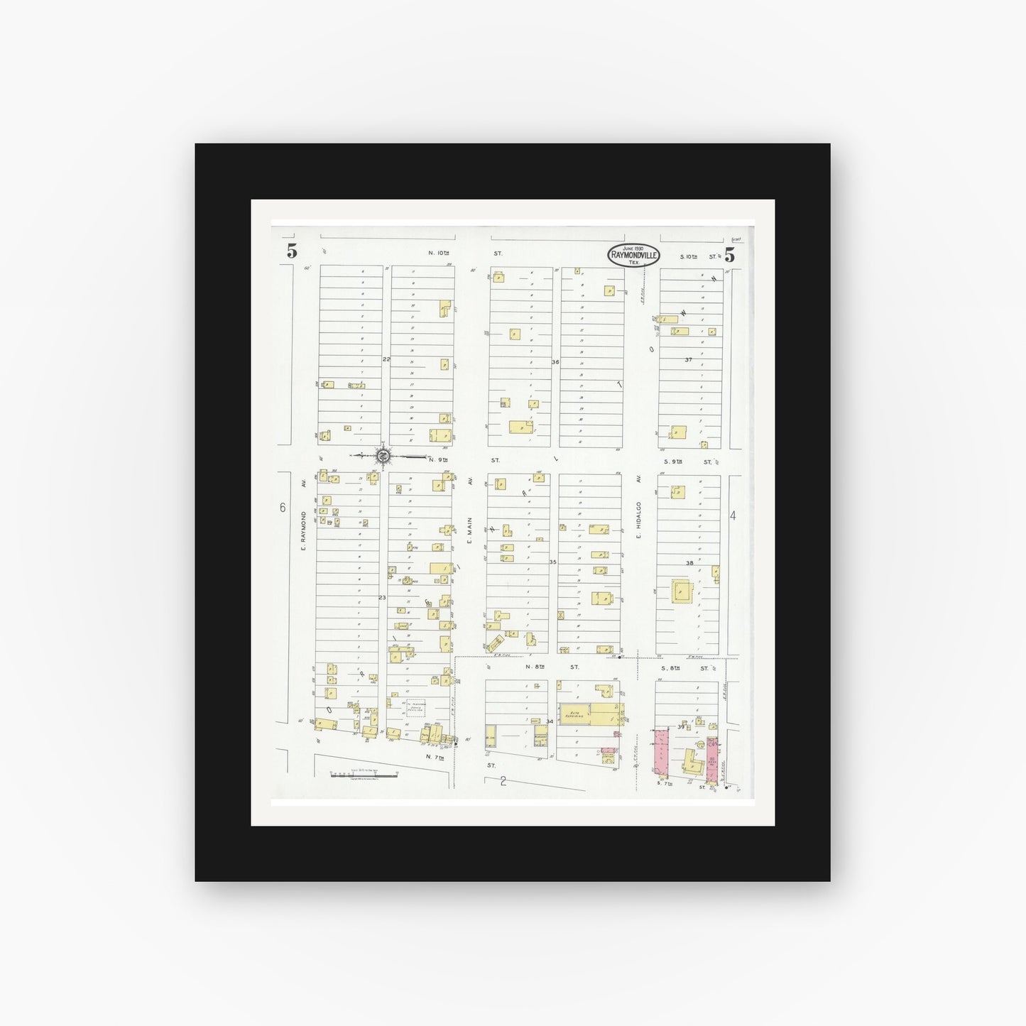 Old map wall art mockup — black gallery frame with white mat — Sanborn Fire Insurance Map from Raymondville, Willacy County, Texas (1930), Sheet #0005