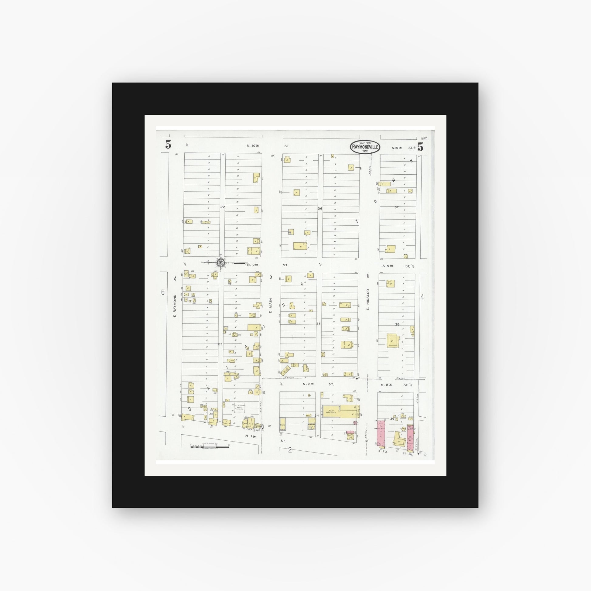 Old map wall art mockup — black gallery frame with white mat — Sanborn Fire Insurance Map from Raymondville, Willacy County, Texas (1930), Sheet #0005