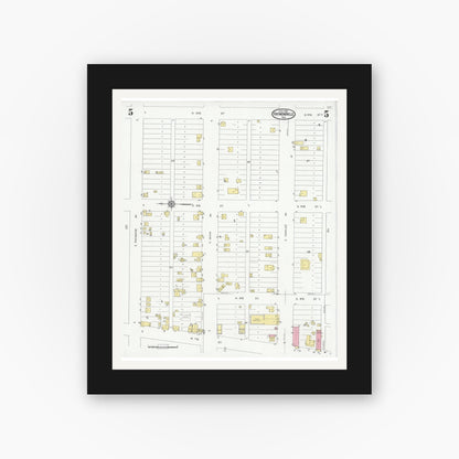 Old map wall art mockup — black gallery frame with white mat — Sanborn Fire Insurance Map from Raymondville, Willacy County, Texas (1930), Sheet #0005