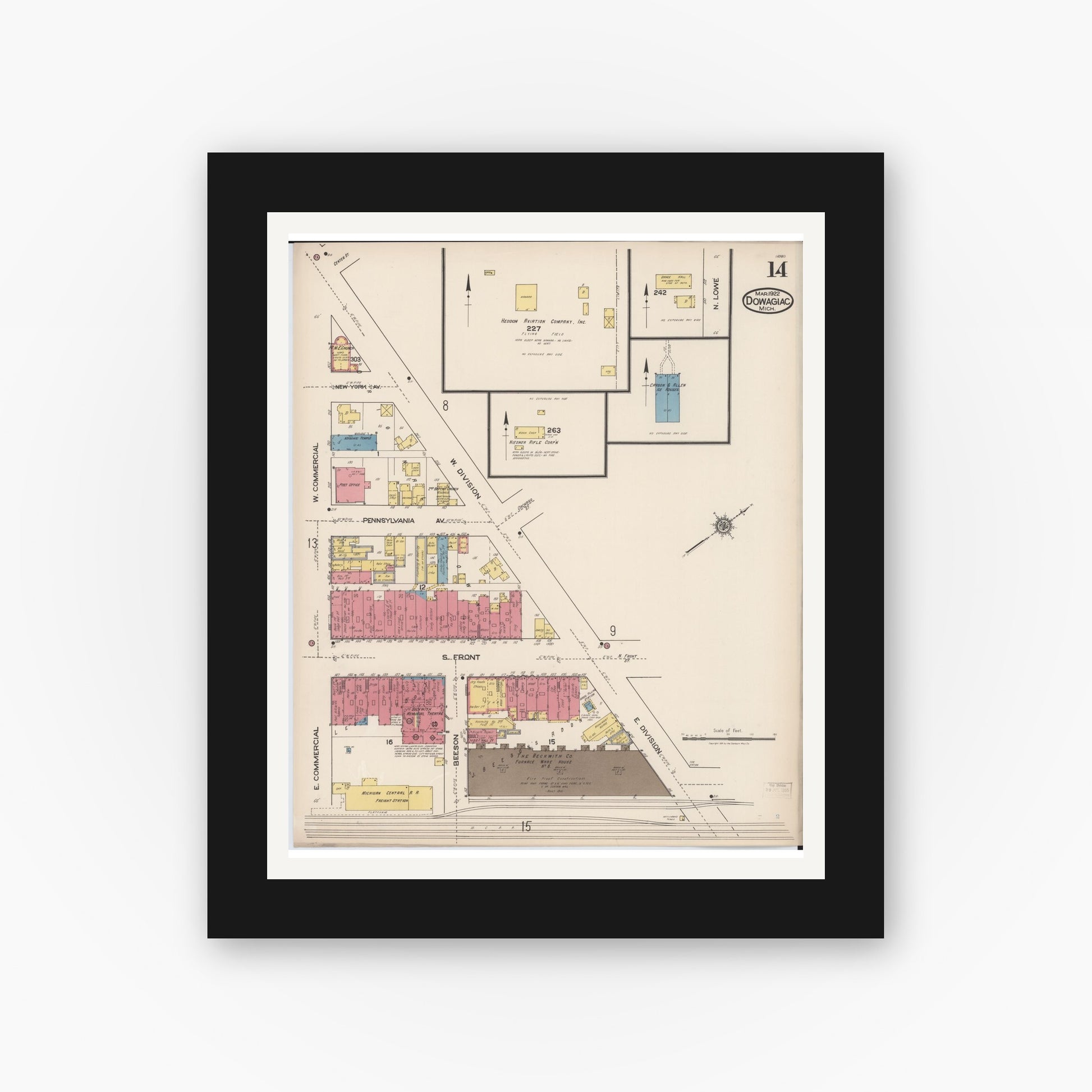 Old map wall art mockup — black gallery frame with white mat — Sanborn Fire Insurance Map from Dowagiac, Cass County, Michigan (1922), Sheet #0014