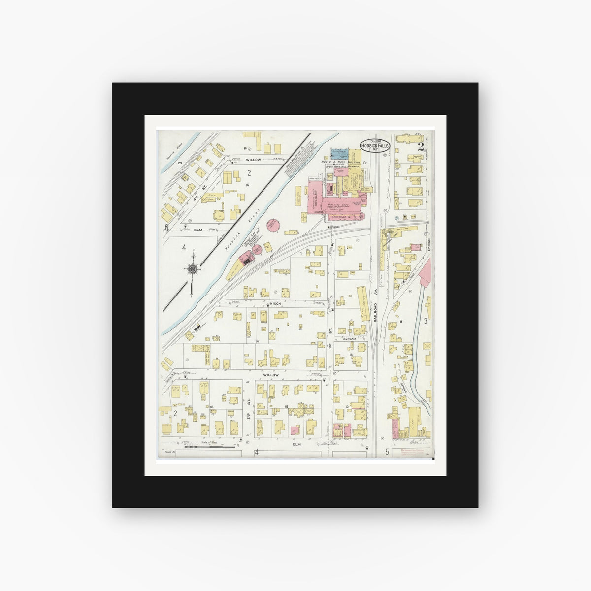 Old map wall art mockup — black gallery frame with white mat — Sanborn Fire Insurance Map from Hoosick Falls, Rensselaer County, New York (1910) - Complete Map Set
