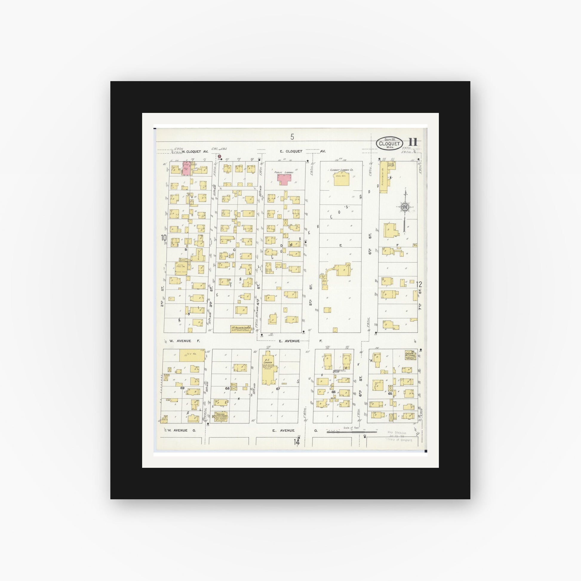 Old map wall art mockup — black gallery frame with white mat — Sanborn Fire Insurance Map from Cloquet, Carlton County, Minnesota (1911), Sheet #0011