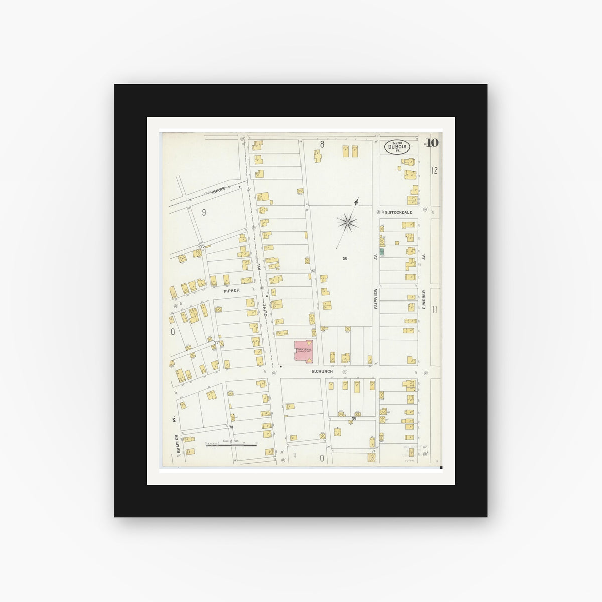 Old map wall art mockup — black gallery frame with white mat — Sanborn Fire Insurance Map from Du Bois, Clearfield County, Pennsylvania (1901), Sheet #0010
