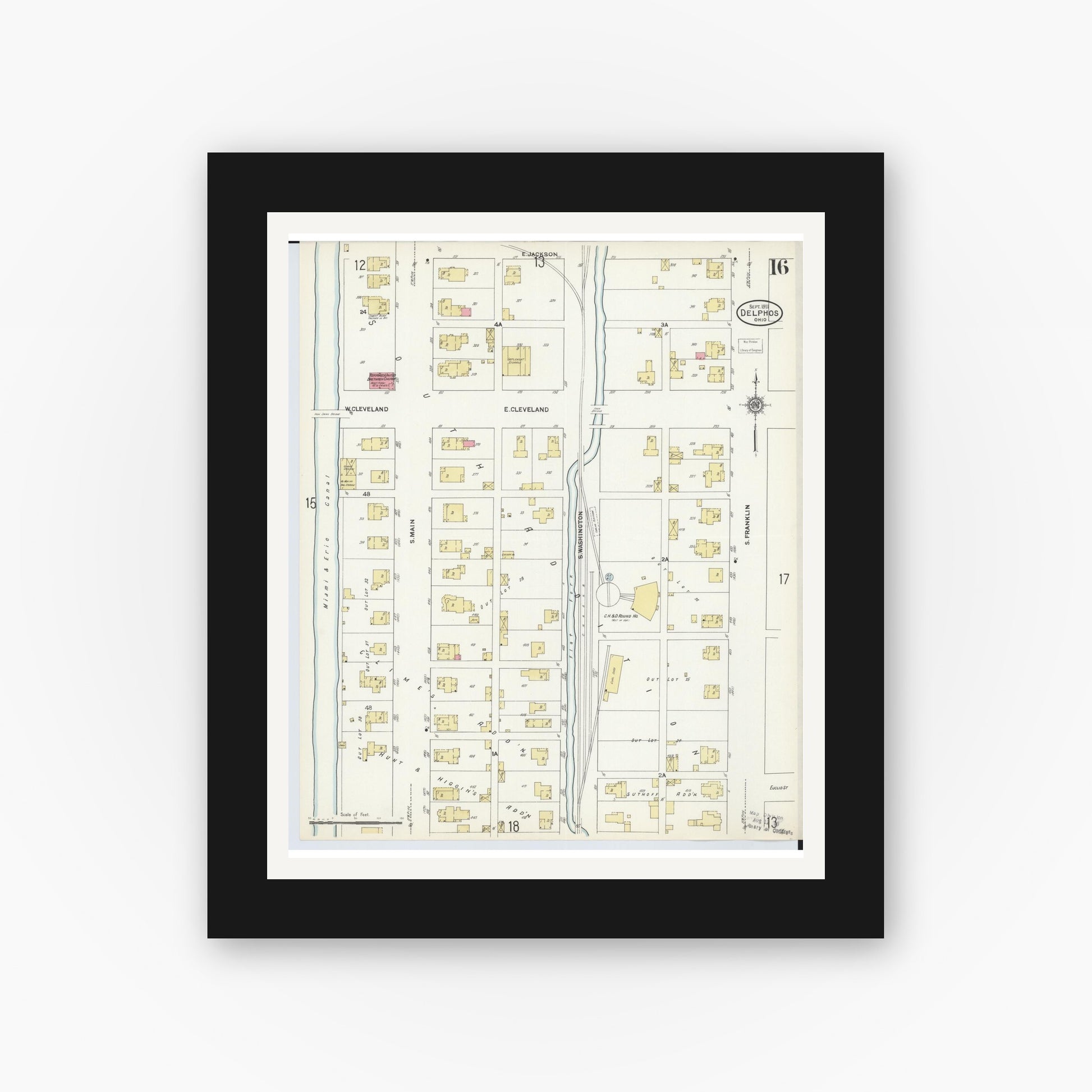 Old map wall art mockup — black gallery frame with white mat — Sanborn Fire Insurance Map from Delphos, Van Wert And Allen Counties, Ohio (1911), Sheet #0016