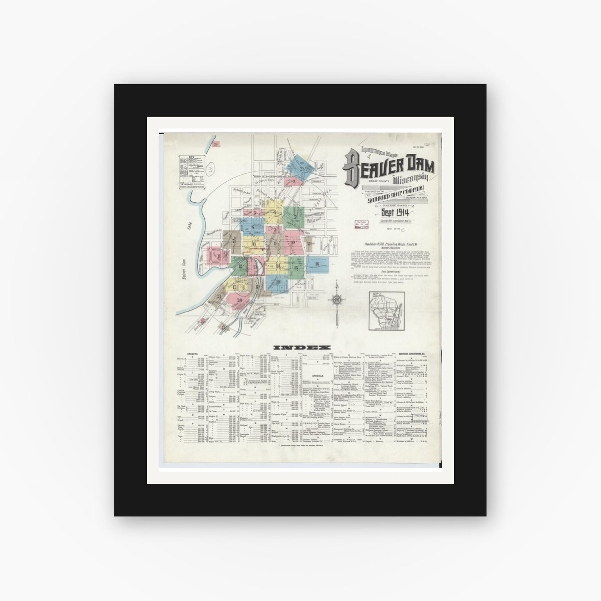 Old map wall art mockup — black gallery frame with white mat — Sanborn Fire Insurance Map from Beaver Dam, Dodge County, Wisconsin (1914), Sheet #0001