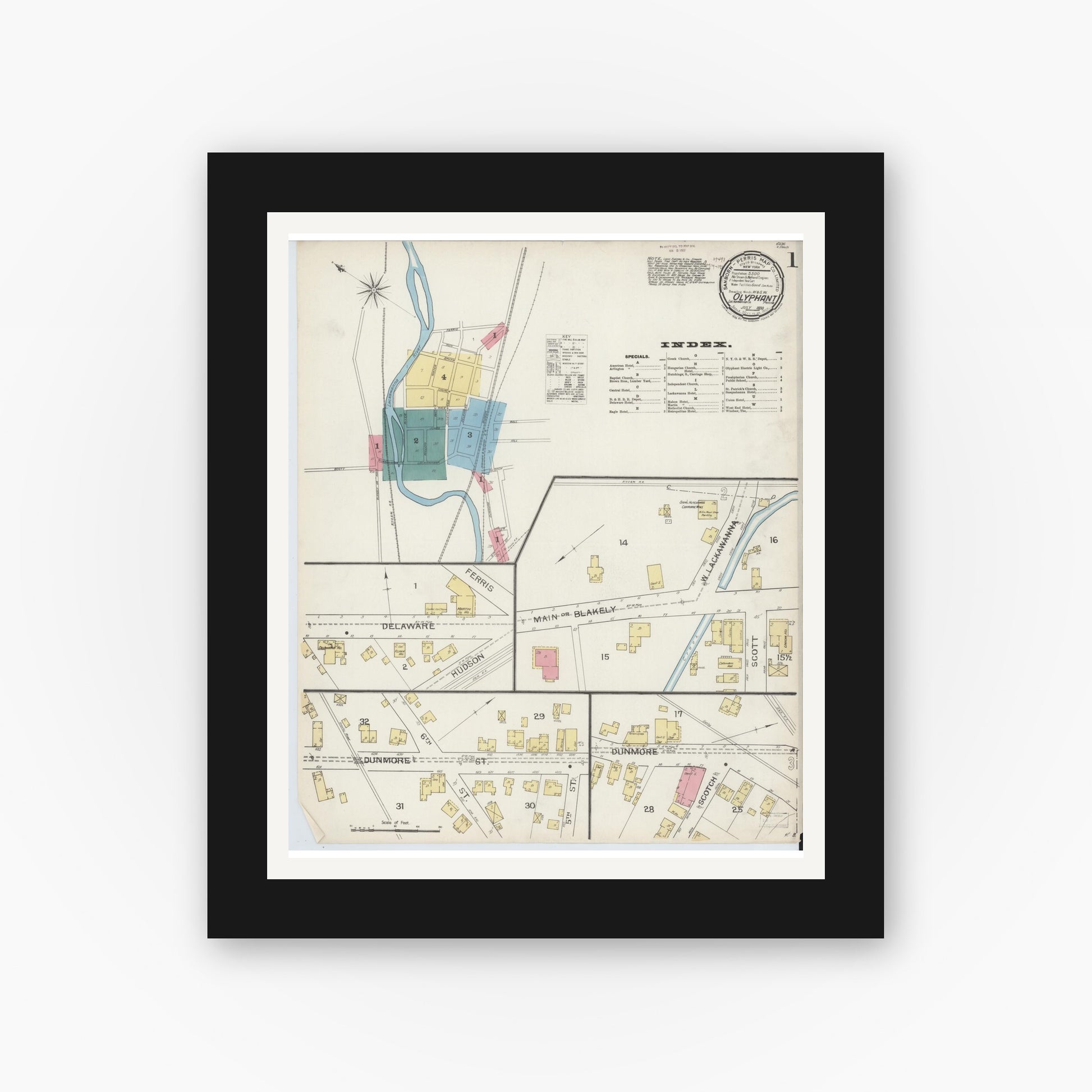 Old map wall art mockup — black gallery frame with white mat — Sanborn Fire Insurance Map from Olyphant, Lackawanna County, Pennsylvania (1893) - Complete Map Set