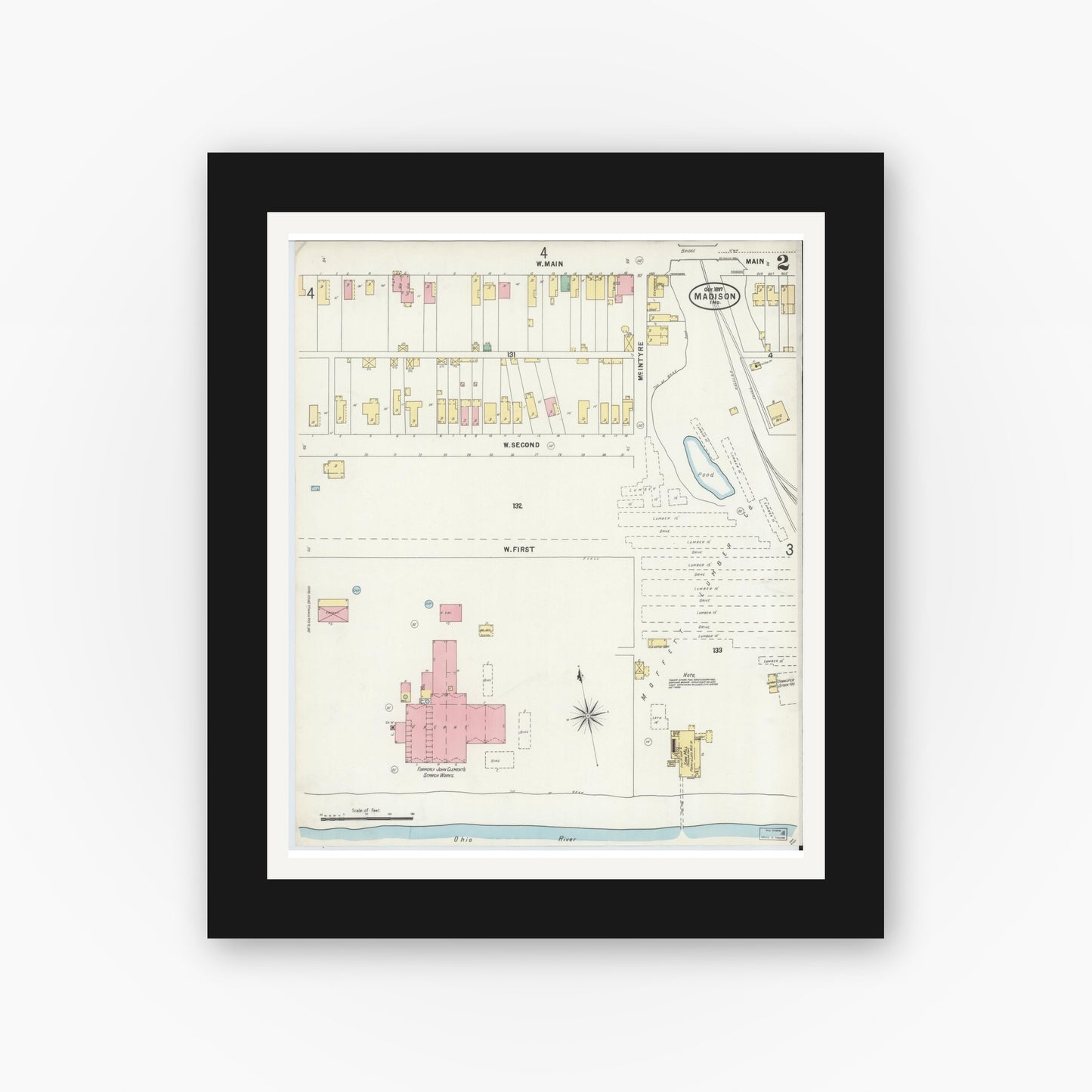 Old map wall art mockup — black gallery frame with white mat — Sanborn Fire Insurance Map from Madison, Jefferson County, Indiana (1897), Sheet #0002