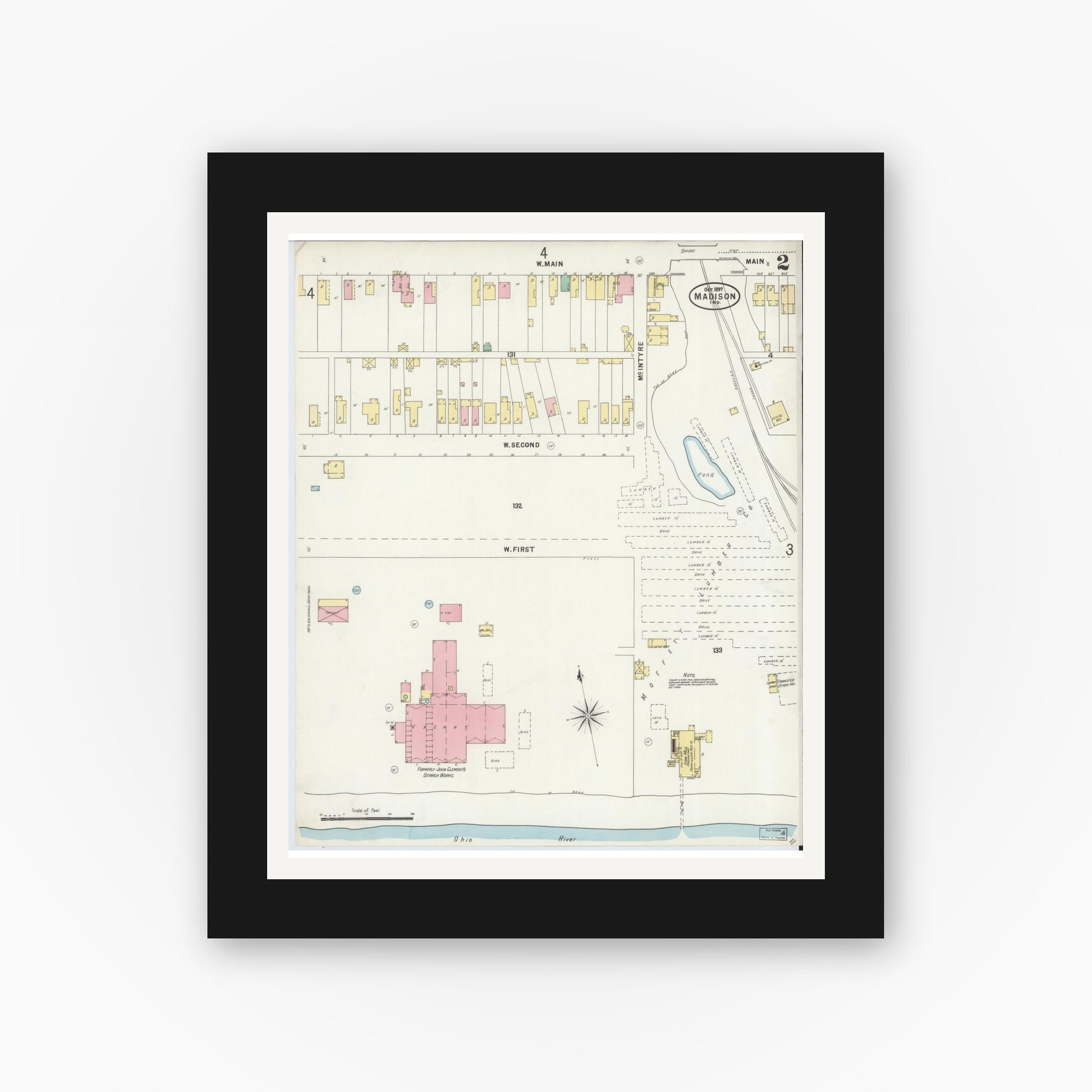 Old map wall art mockup — black gallery frame with white mat — Sanborn Fire Insurance Map from Madison, Jefferson County, Indiana (1897), Sheet #0002