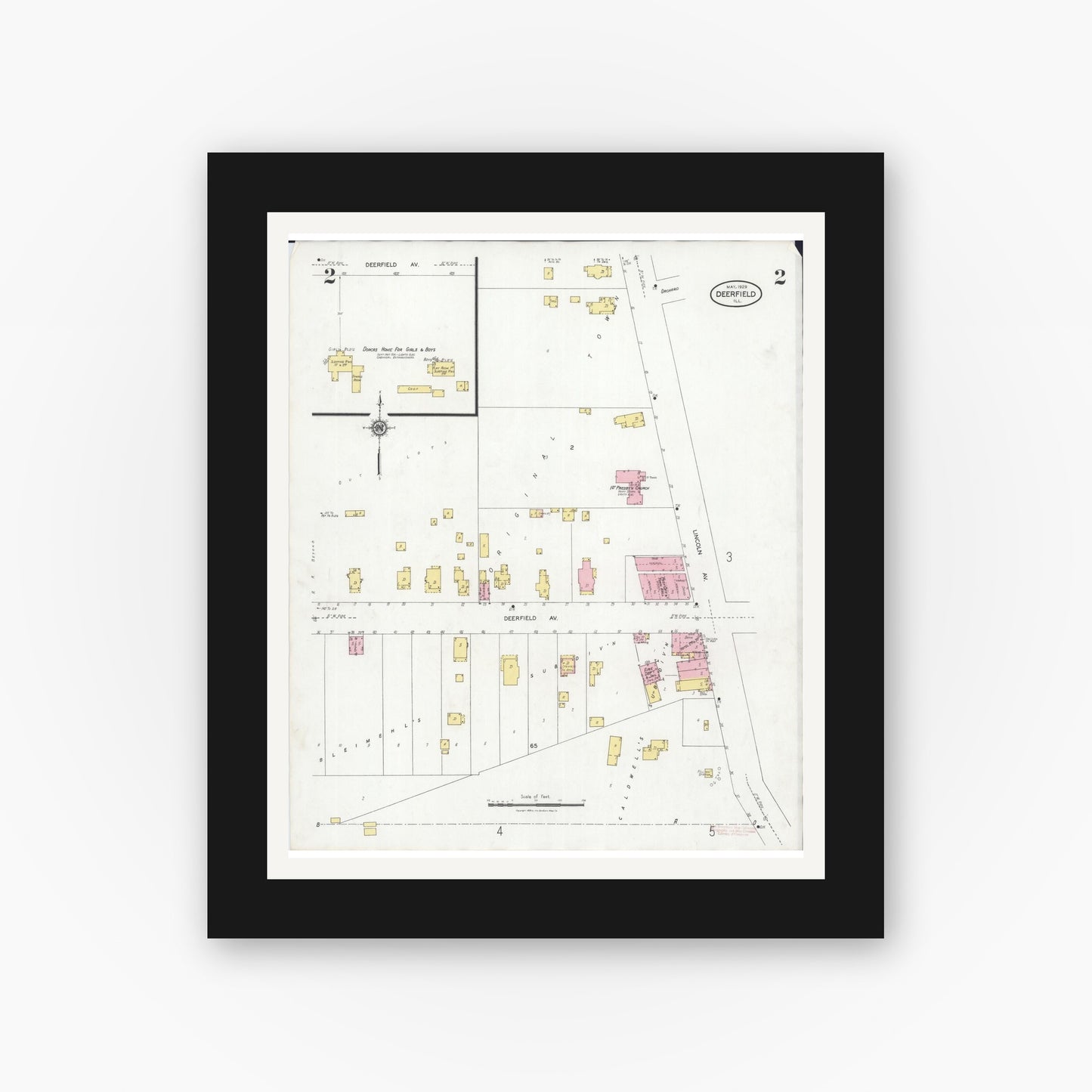Old map wall art mockup — black gallery frame with white mat — Sanborn Fire Insurance Map from Deerfield, Lake County, Illinois (1929), Sheet #0002