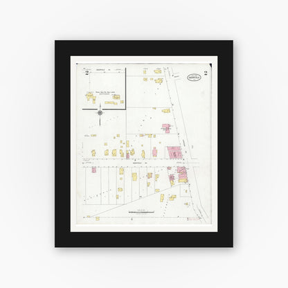 Old map wall art mockup — black gallery frame with white mat — Sanborn Fire Insurance Map from Deerfield, Lake County, Illinois (1929), Sheet #0002