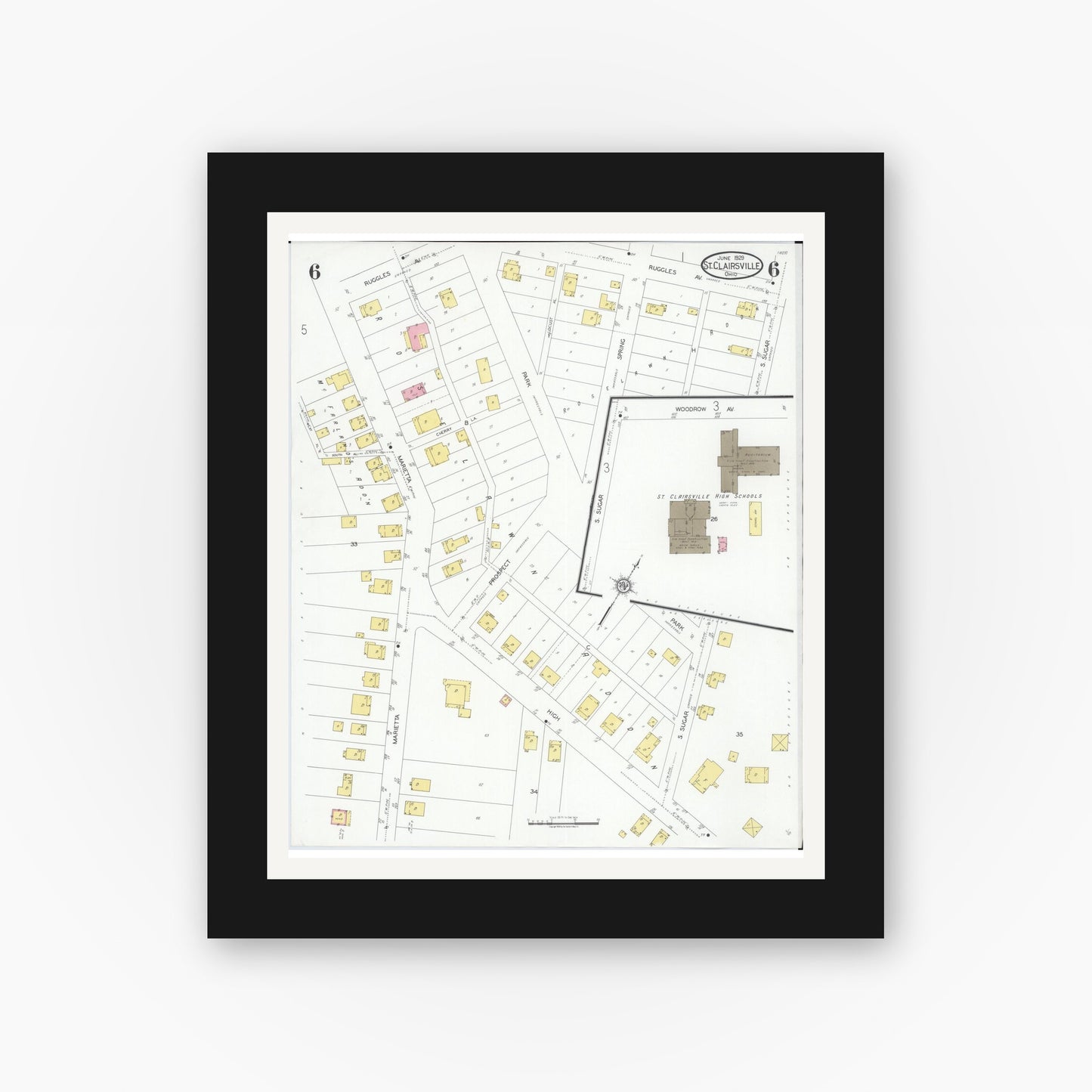 Old map wall art mockup — black gallery frame with white mat — Sanborn Fire Insurance Map from Saint Clairsville, Belmont County, Ohio (1929), Sheet #0006