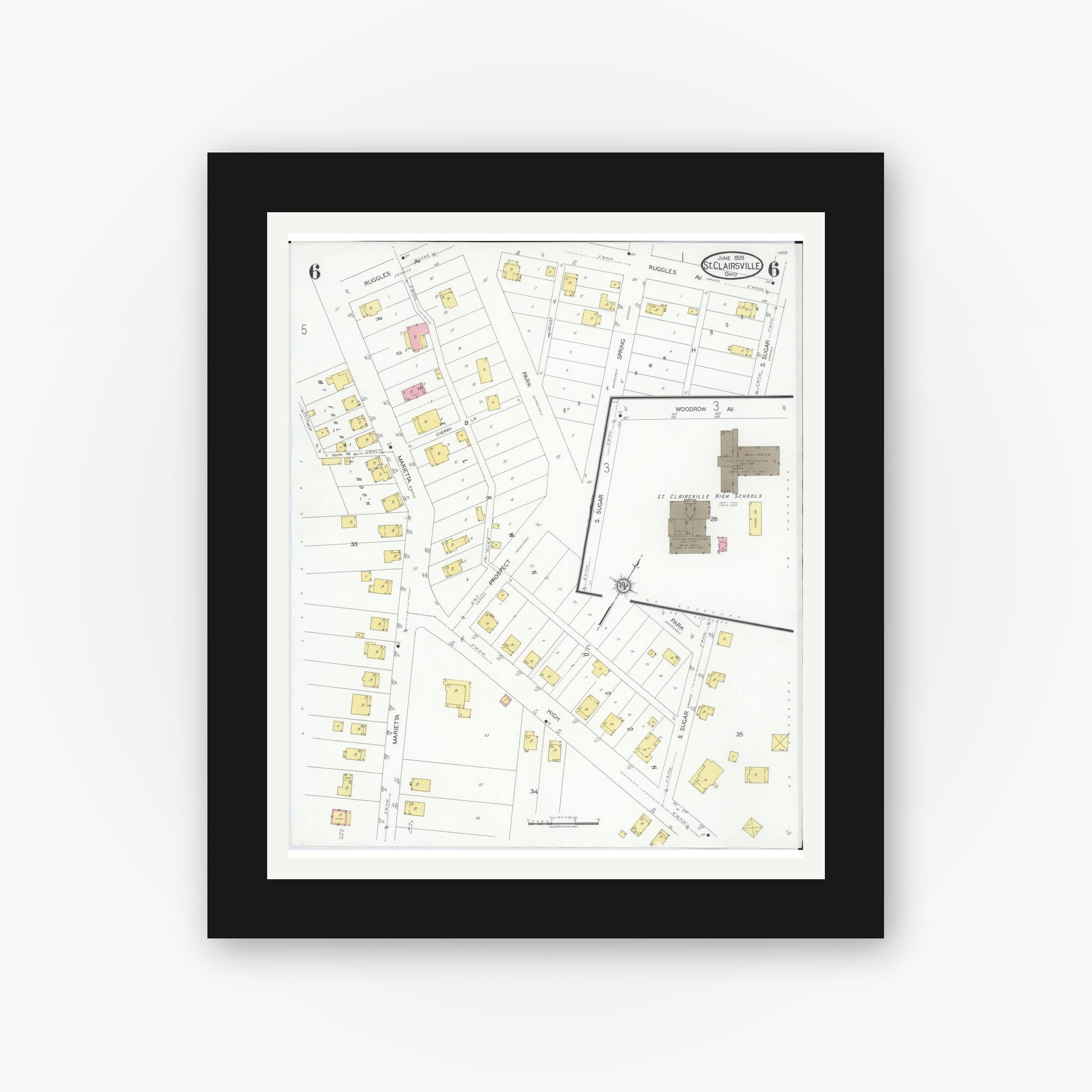 Old map wall art mockup — black gallery frame with white mat — Sanborn Fire Insurance Map from Saint Clairsville, Belmont County, Ohio (1929), Sheet #0006