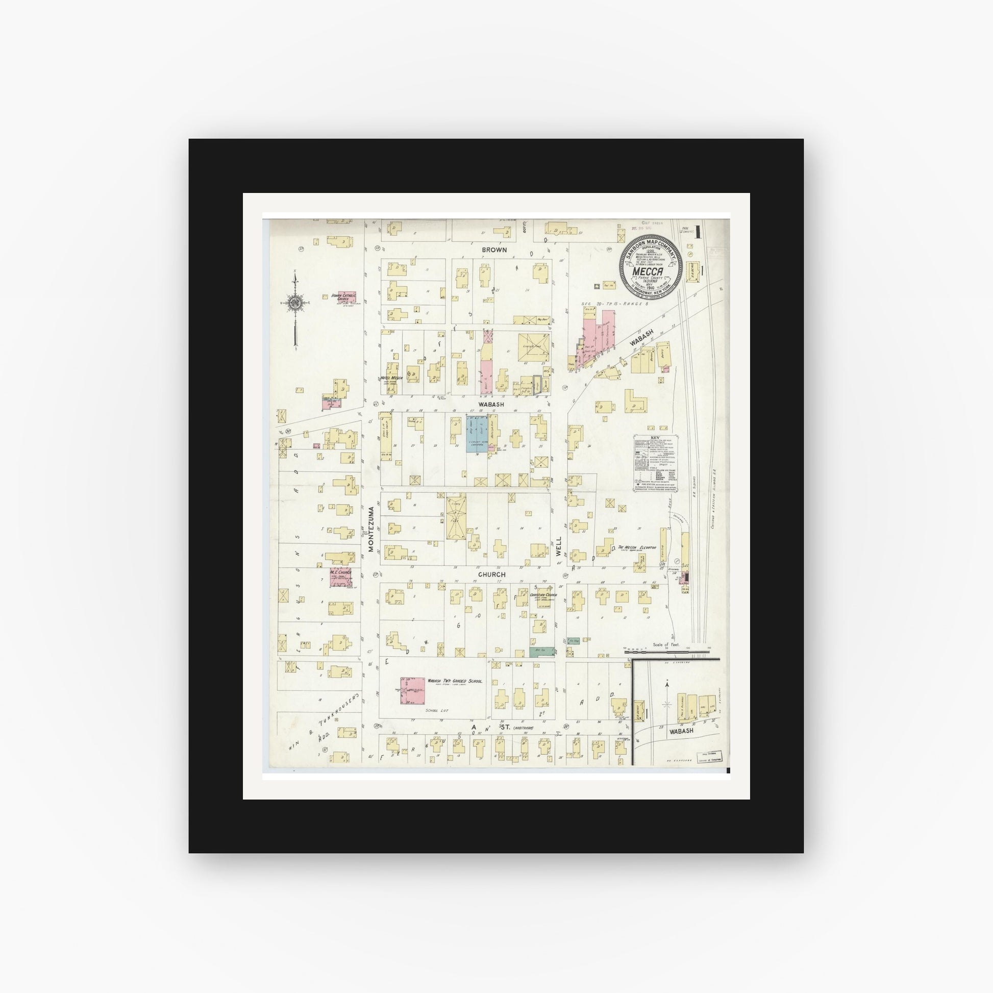 Old map wall art mockup — black gallery frame with white mat — Sanborn Fire Insurance Map from Mecca, Parke County, Indiana (1910) - Complete Map Set