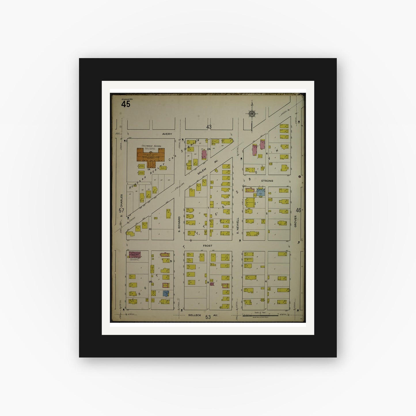 Old map wall art mockup — black gallery frame with white mat — Sanborn Fire Insurance Map from Kenosha, Kenosha County, Wisconsin. (1918), Sheet 49