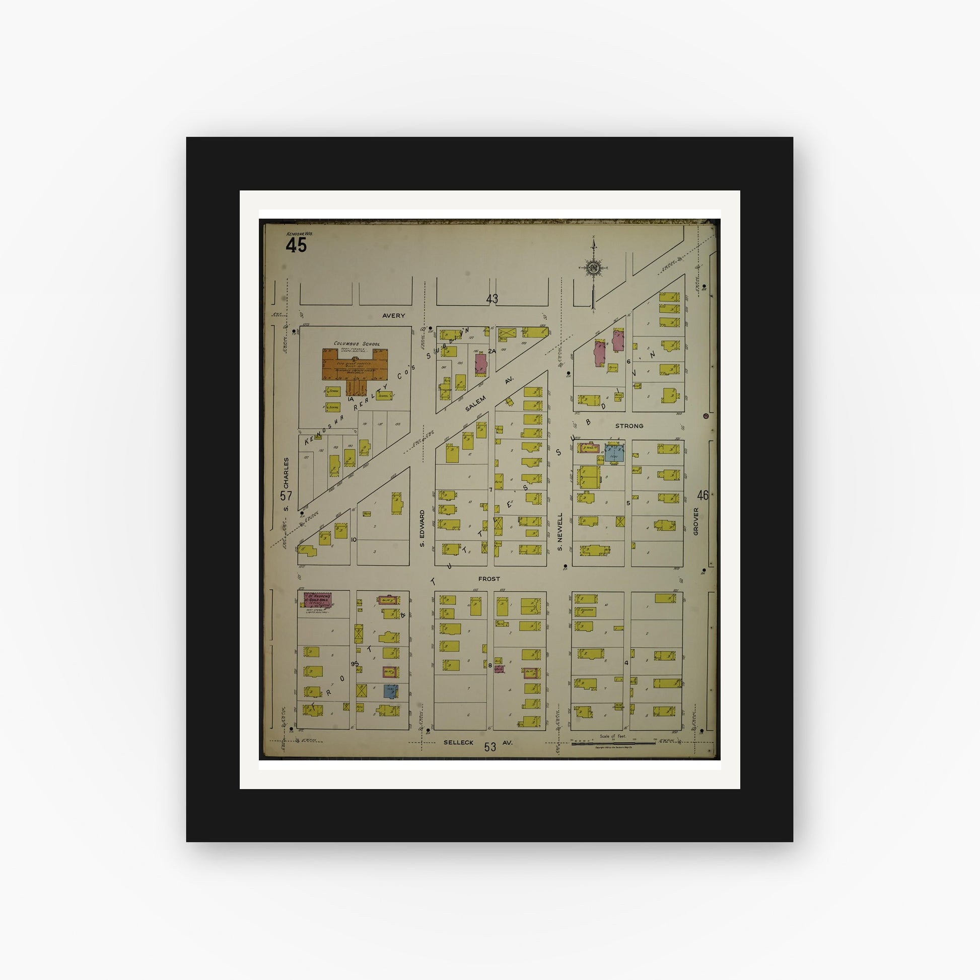 Old map wall art mockup — black gallery frame with white mat — Sanborn Fire Insurance Map from Kenosha, Kenosha County, Wisconsin. (1918), Sheet 49