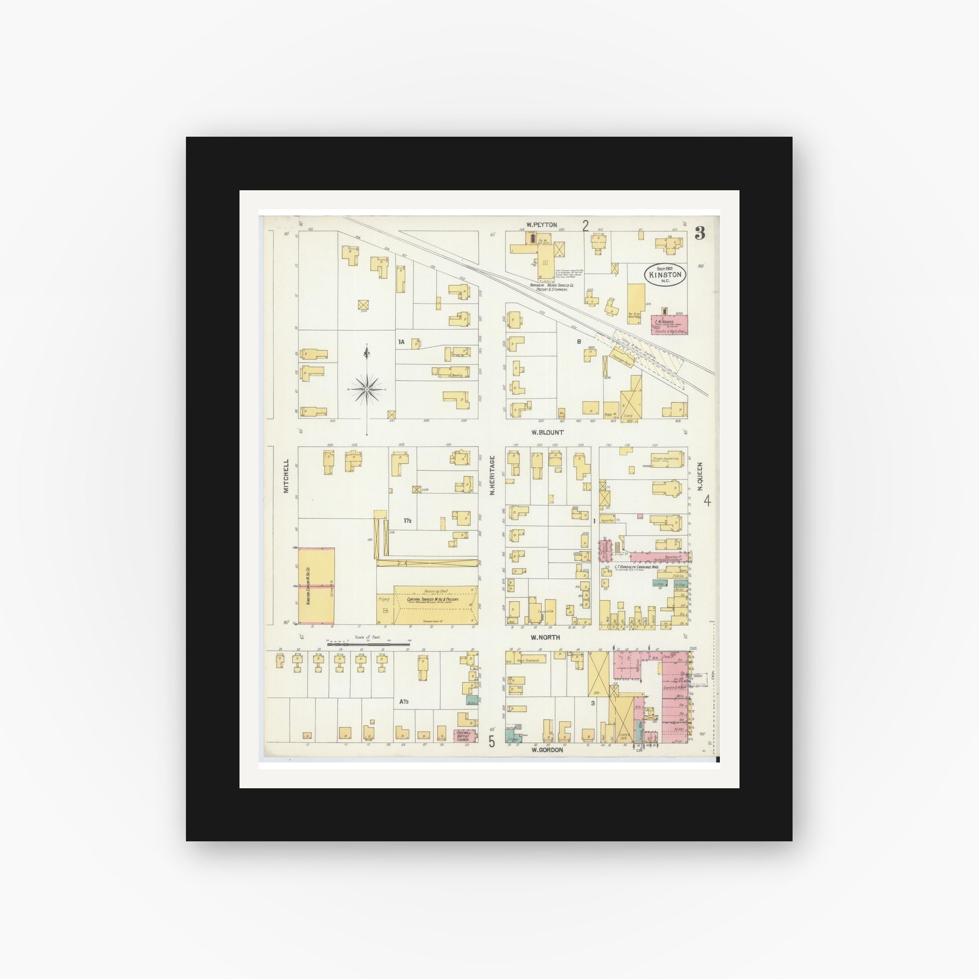 Old map wall art mockup — black gallery frame with white mat — Sanborn Fire Insurance Map from Kinston, Lenoir County, North Carolina (1901), Sheet #0003