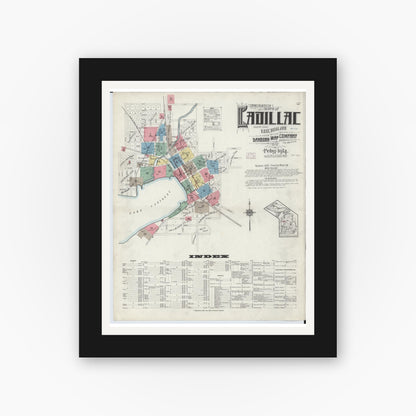 Old map wall art mockup — black gallery frame with white mat — Sanborn Fire Insurance Map from Cadillac, Wexford County, Michigan (1914) - Complete Map Set