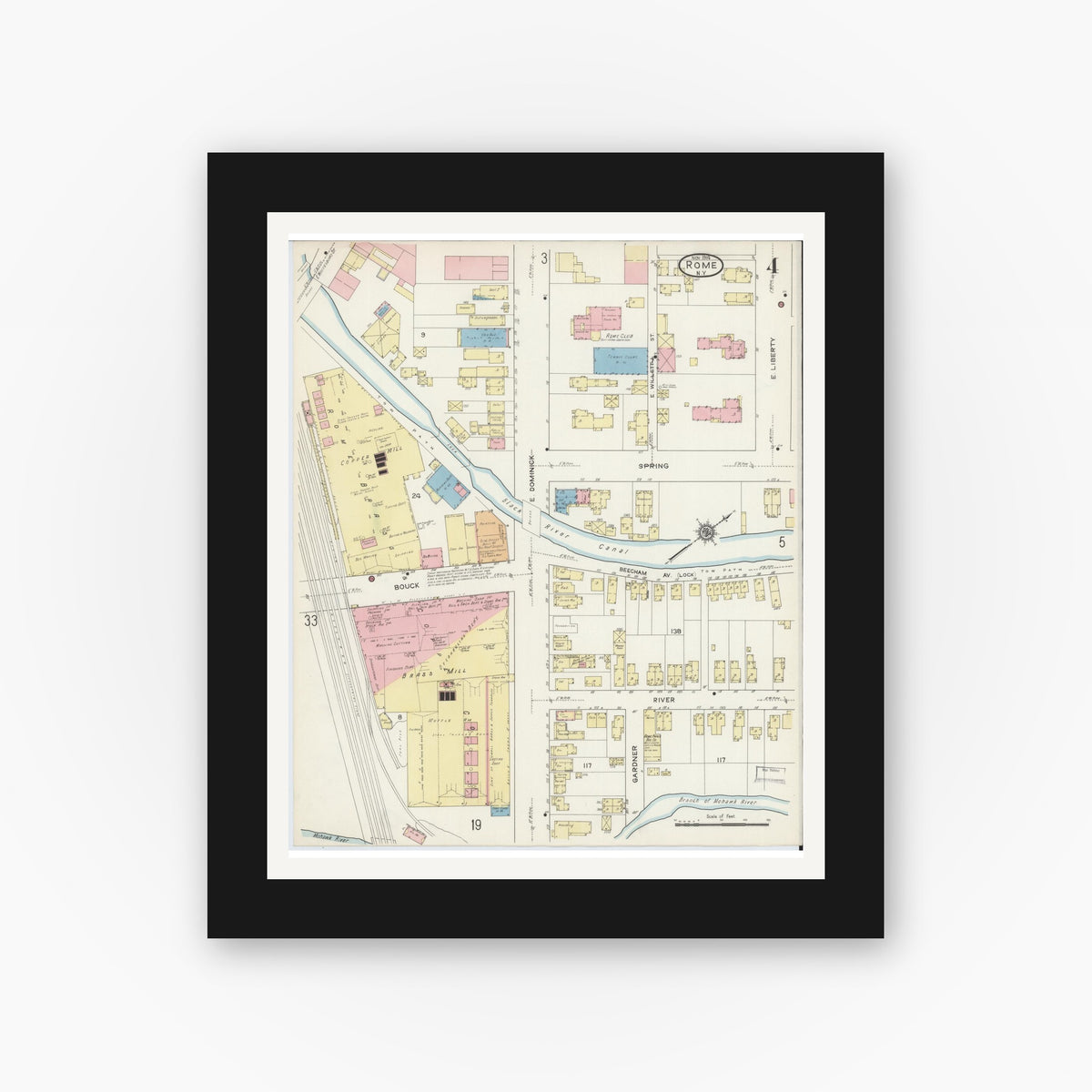 Old map wall art mockup — black gallery frame with white mat — Sanborn Fire Insurance Map from Rome, Oneida County, New York (1914), Sheet #0004