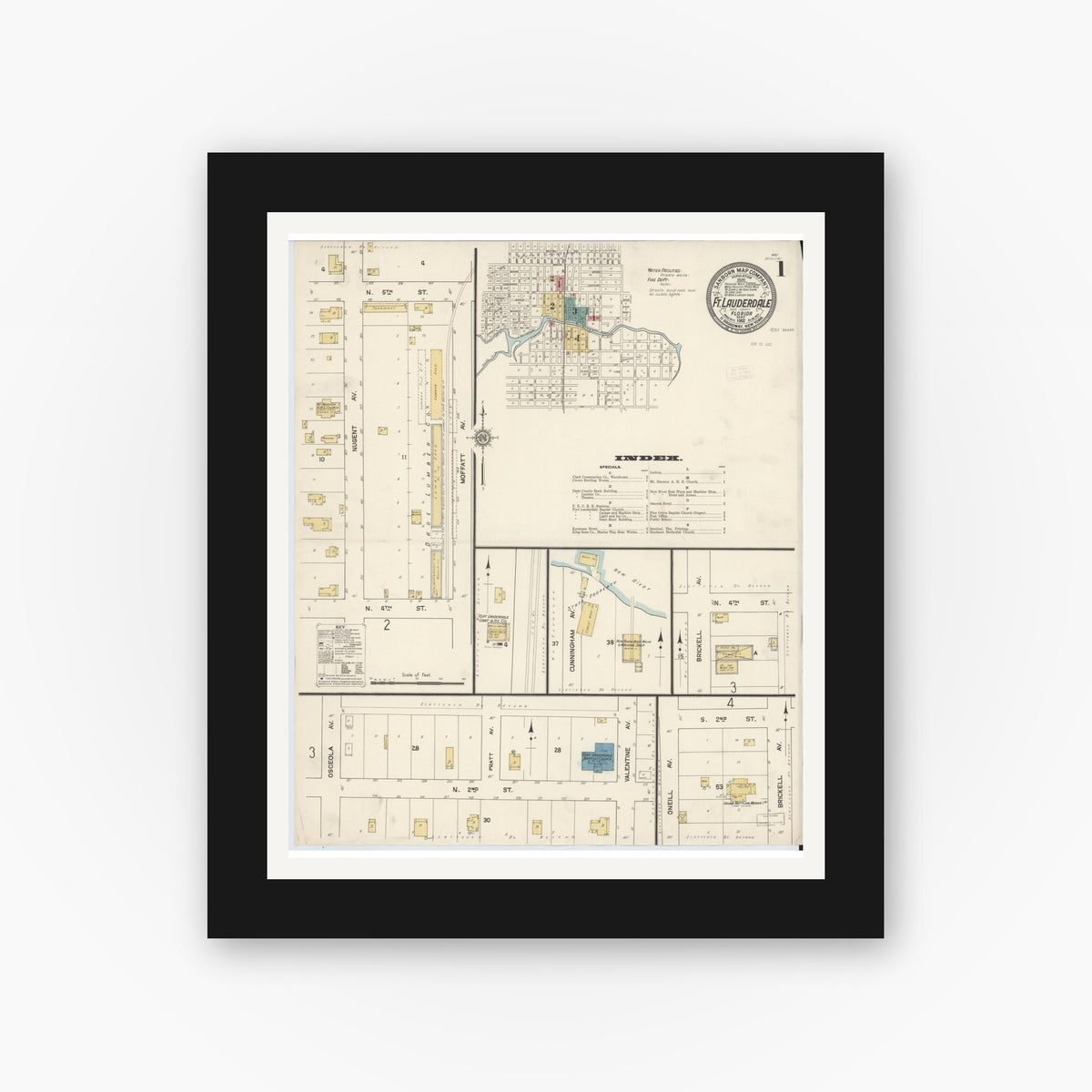 Old map wall art mockup — black gallery frame with white mat — Sanborn Fire Insurance Map from Fort Lauderdale, Broward County, Florida (1912) - Complete Map Set