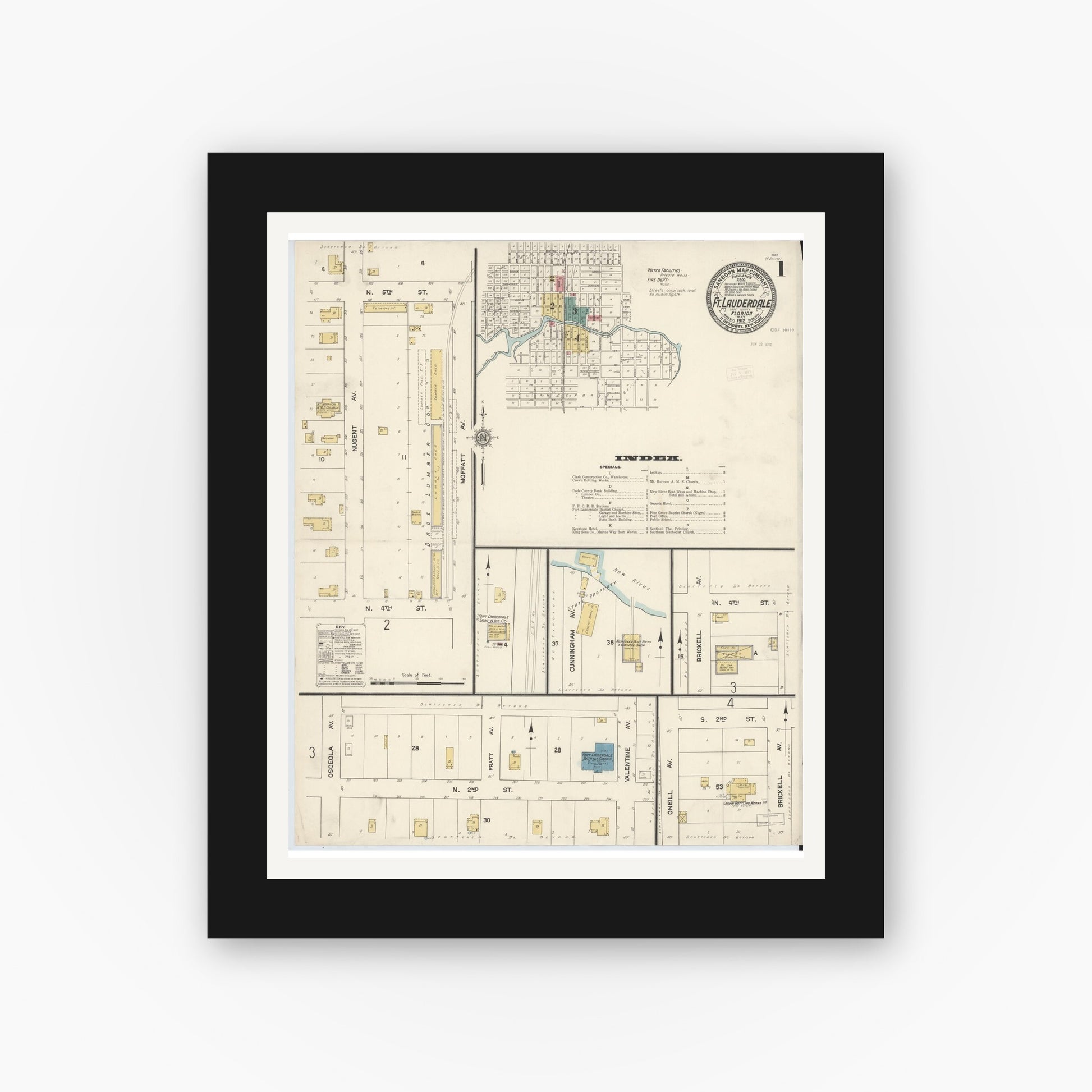 Old map wall art mockup — black gallery frame with white mat — Sanborn Fire Insurance Map from Fort Lauderdale, Broward County, Florida (1912) - Complete Map Set