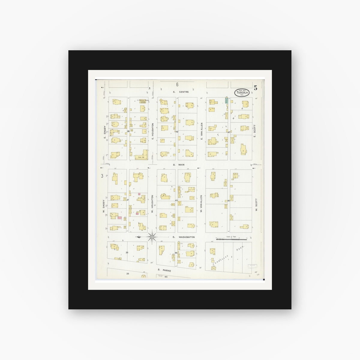 Old map wall art mockup — black gallery frame with white mat — Sanborn Fire Insurance Map from Tuscola, Douglas County, Illinois (1907), Sheet #0005