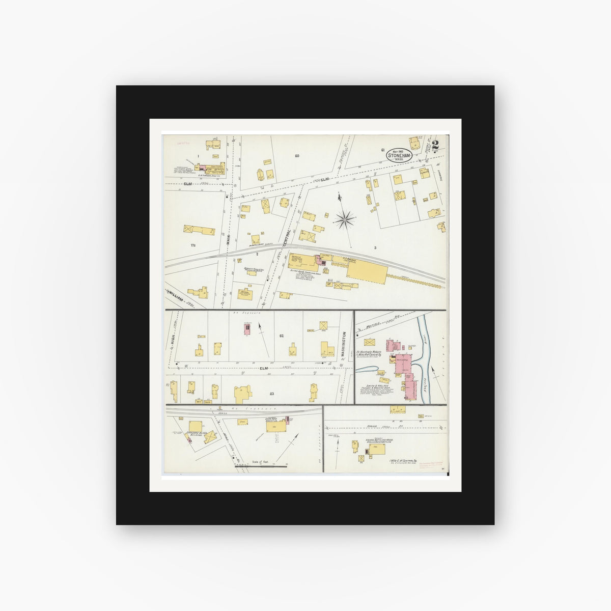 Old map wall art mockup — black gallery frame with white mat — Sanborn Fire Insurance Map from Stoneham, Middlesex County, Massachusetts (1903), Sheet #0002