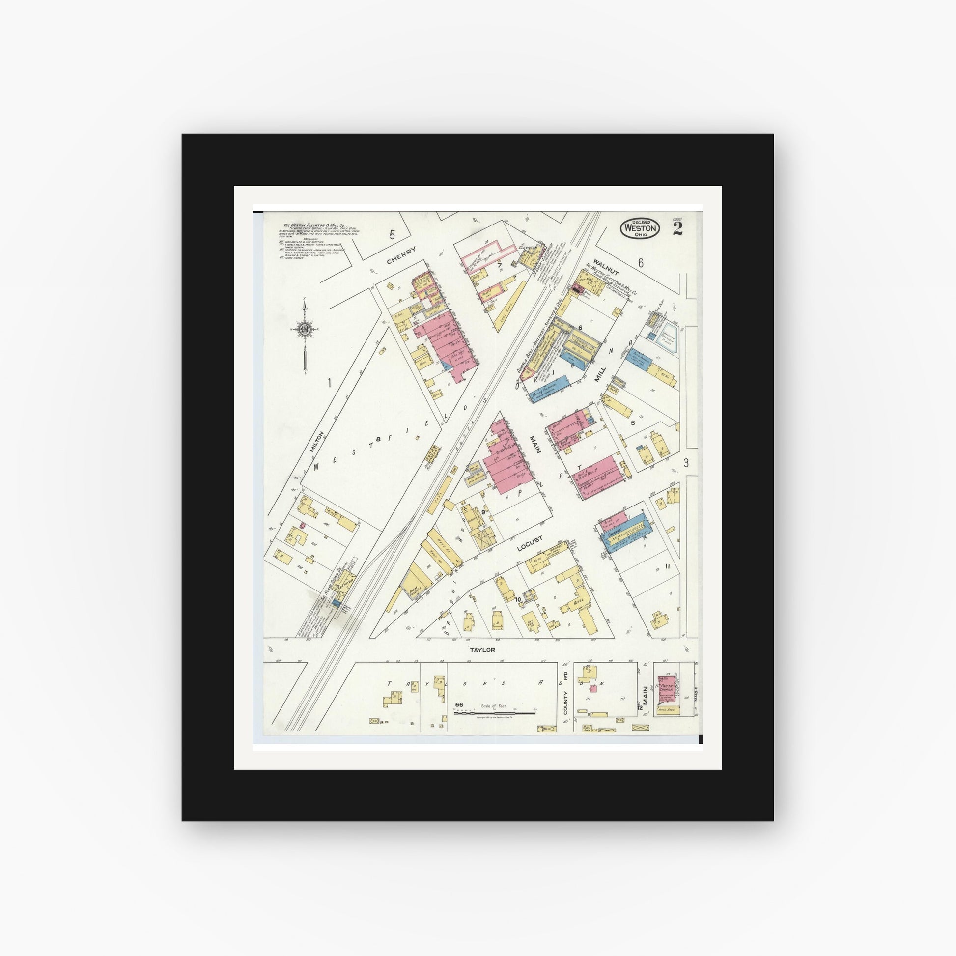 Old map wall art mockup — black gallery frame with white mat — Sanborn Fire Insurance Map from Weston, Wood County, Ohio (1920), Sheet #0002