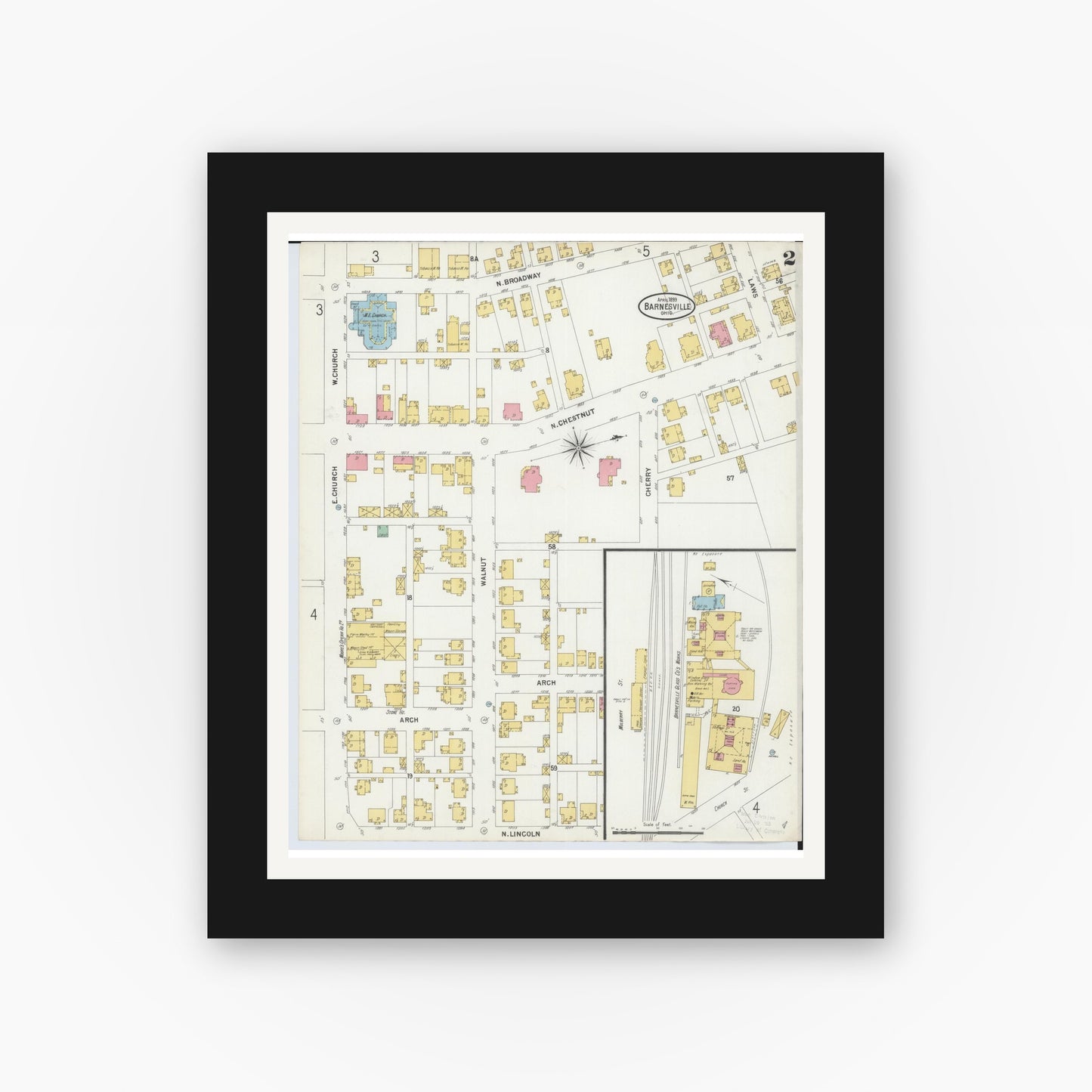 Old map wall art mockup — black gallery frame with white mat — Sanborn Fire Insurance Map from Barnesville, Belmont County, Ohio (1899), Sheet #0002