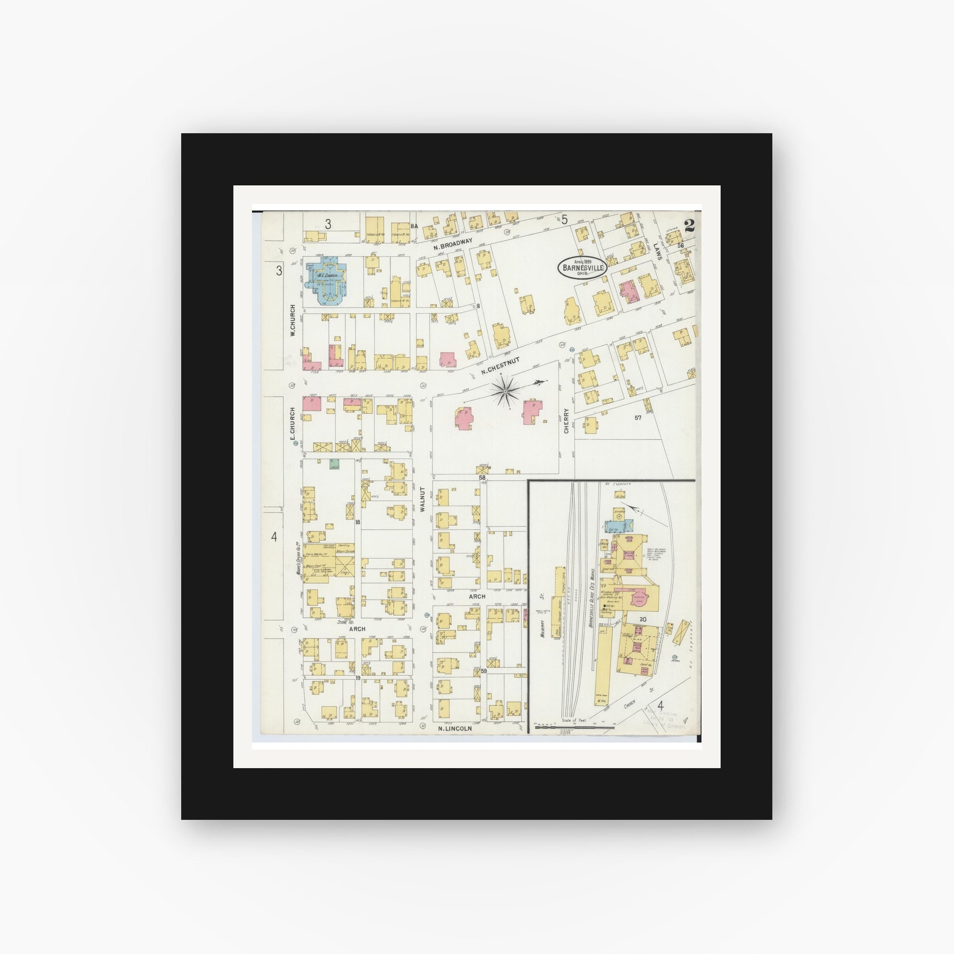 Old map wall art mockup — black gallery frame with white mat — Sanborn Fire Insurance Map from Barnesville, Belmont County, Ohio (1899), Sheet #0002