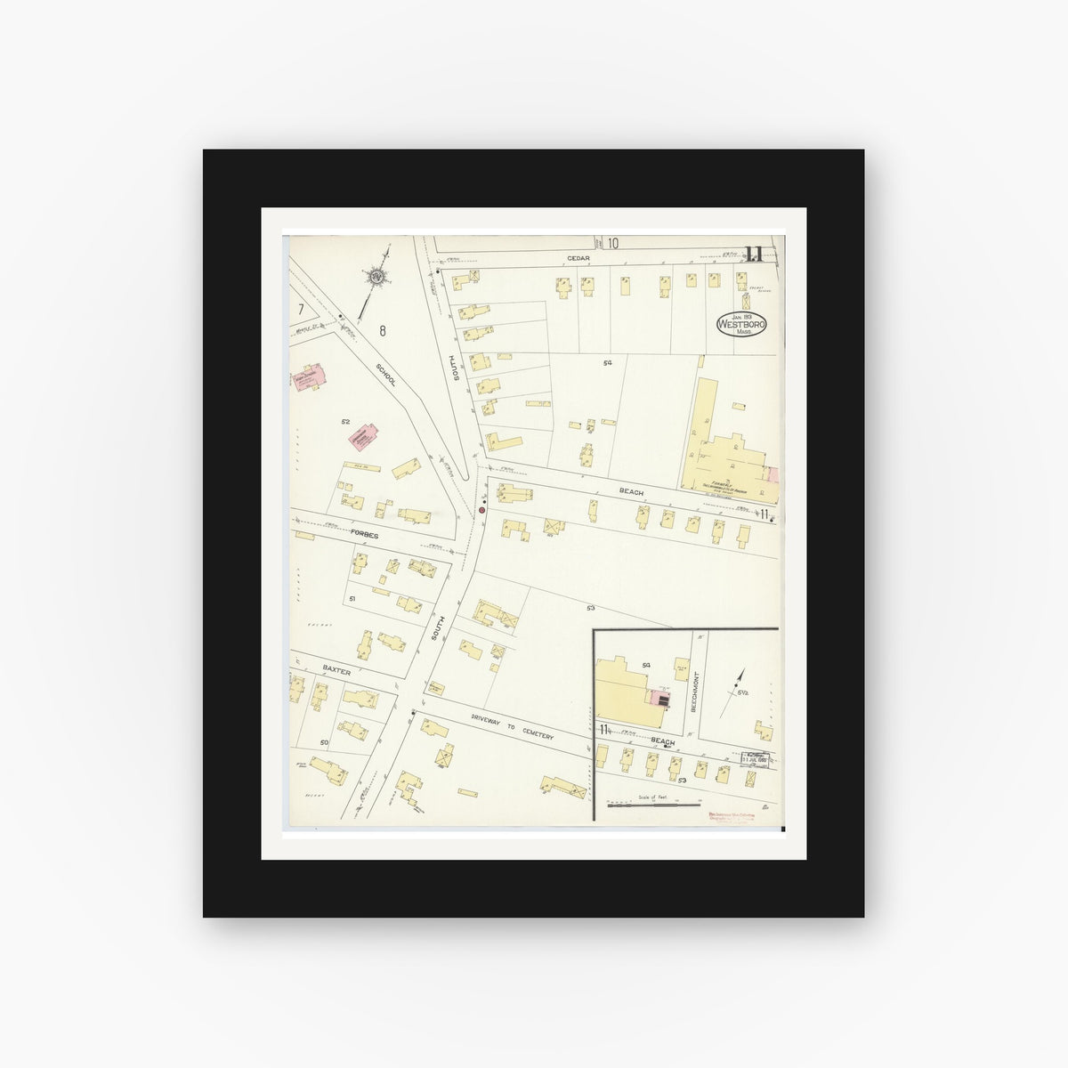 Old map wall art mockup — black gallery frame with white mat — Sanborn Fire Insurance Map from Westboro, Worcester County, Massachusetts (1913), Sheet #0011