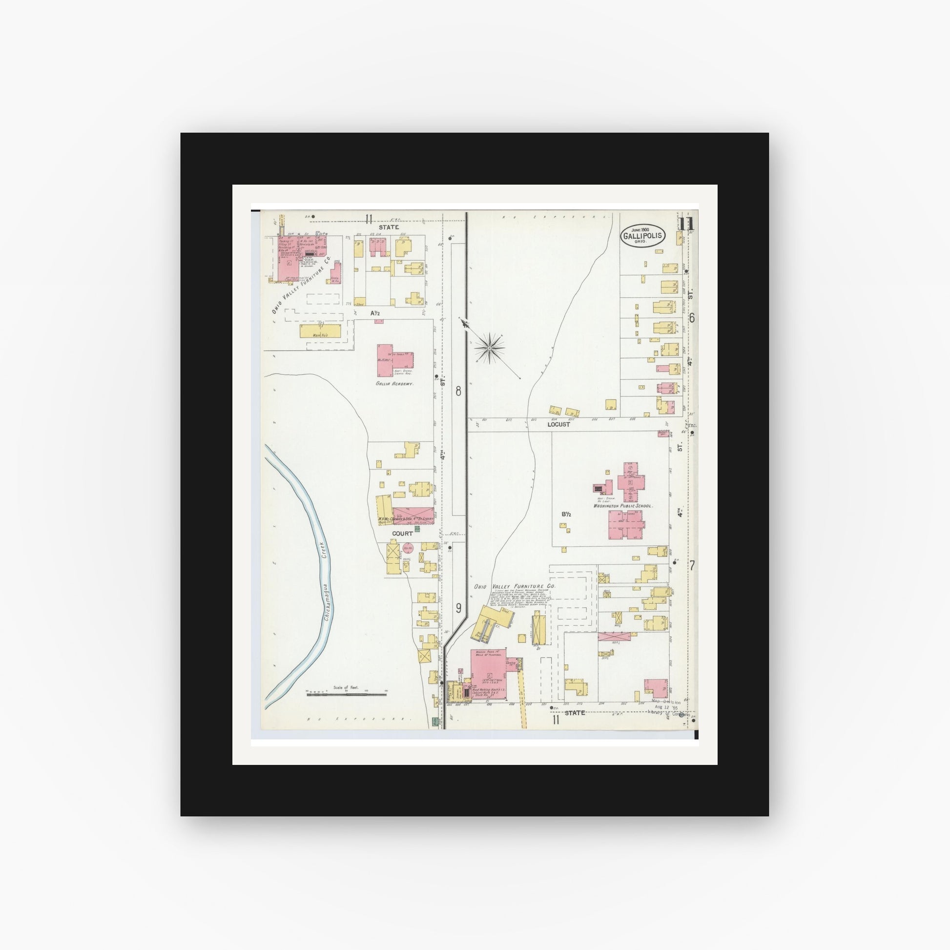 Old map wall art mockup — black gallery frame with white mat — Sanborn Fire Insurance Map from Gallipolis, Gallia County, Ohio (1900), Sheet #0011